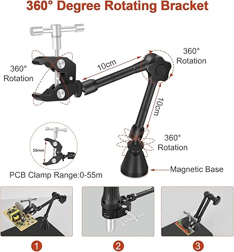 Miniatura 5 de Kit de manos de ayuda magnética, soporte para placas de circuito con 5 lámparas de aumento LED, soporte para pistola de aire caliente, base de acero