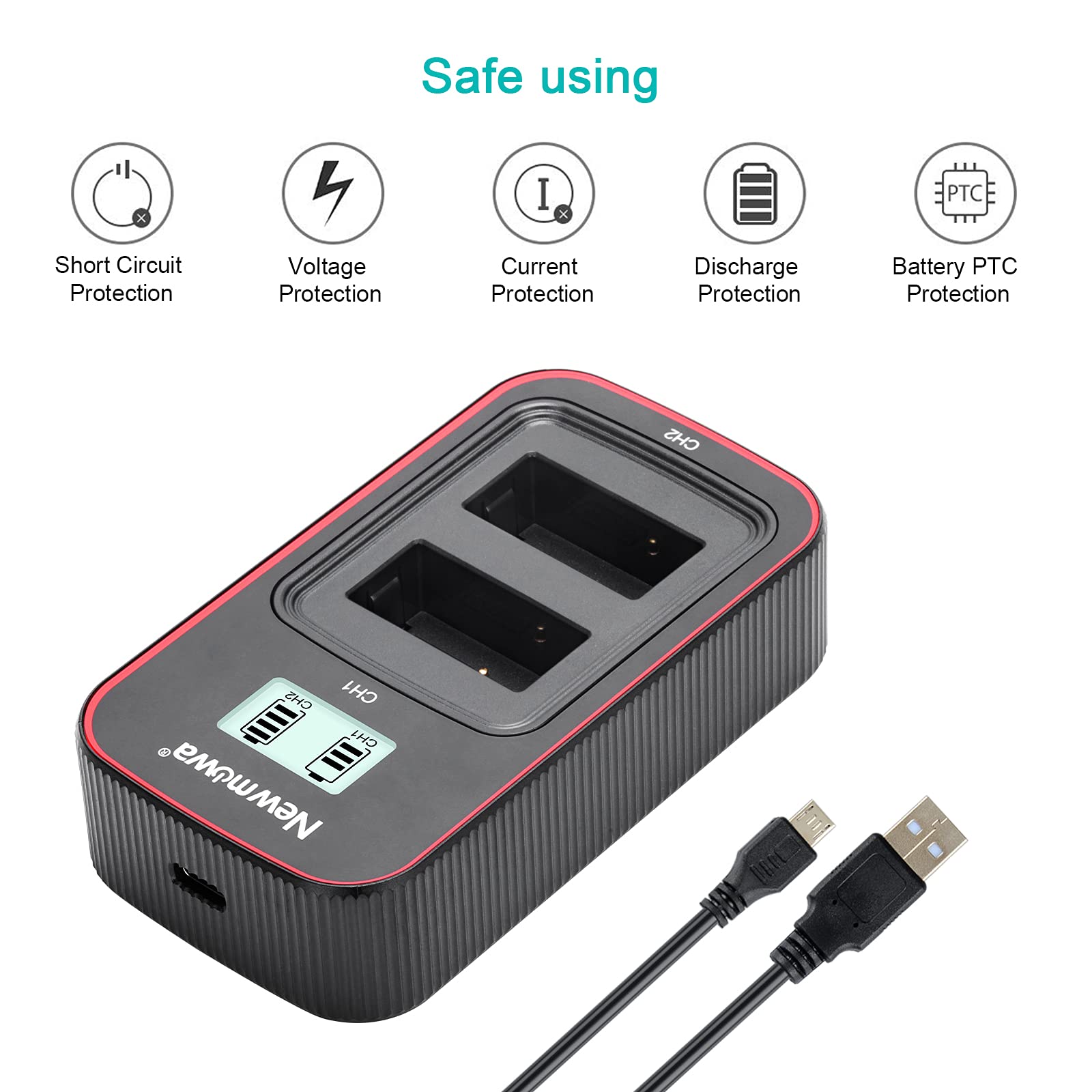 Newmowa EN-EL20 Zapasowa bateria (2 sztuki) i inteligentna ładowarka USB z wyświetlaczem LCD do Nikon EN-EL20, EN-EL20a, Nikon 1 J1,1 J2,1 J3,1 S1,1 V3, Coolpix A, P1000 i Blackmagic Pocket Cinema
