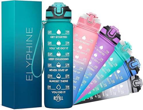 ELYPHINE - Botellas de agua de 3224onzas con pajilla extraíble y marcador de tiempo, botellas deportivas motivacionales con material Tritan sin