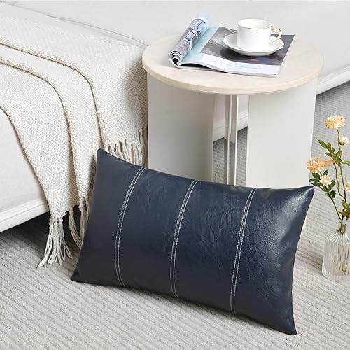Fancy Homi Fundas de almohada decorativas de piel sintética larga de color azul marino de 12 x 24 pulgadas para sofá cama de exterior, decoración