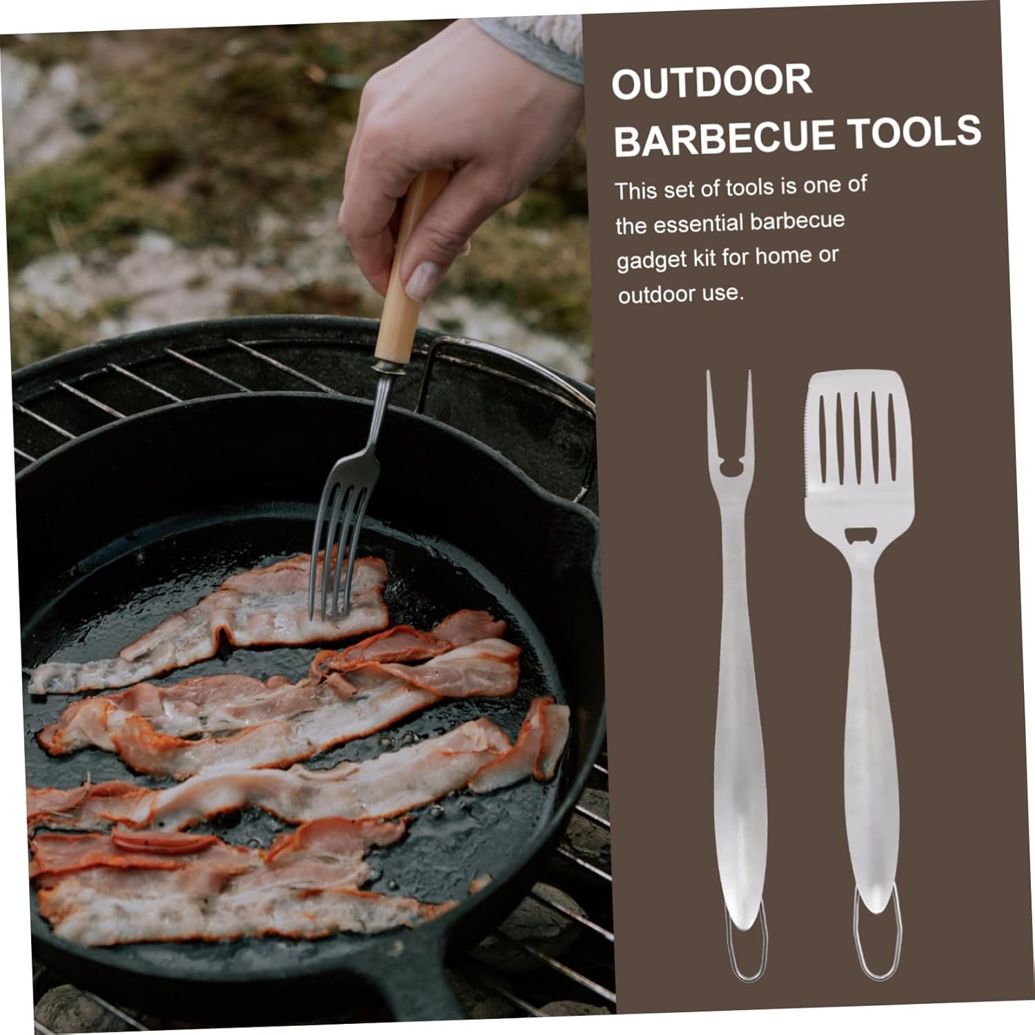 2Pcs Stainless Steel BBQ Tools Kit Outdoor Barbecue Utensils with Fork and Spatula for Grilling Picnic and Home Use Grill Accessories