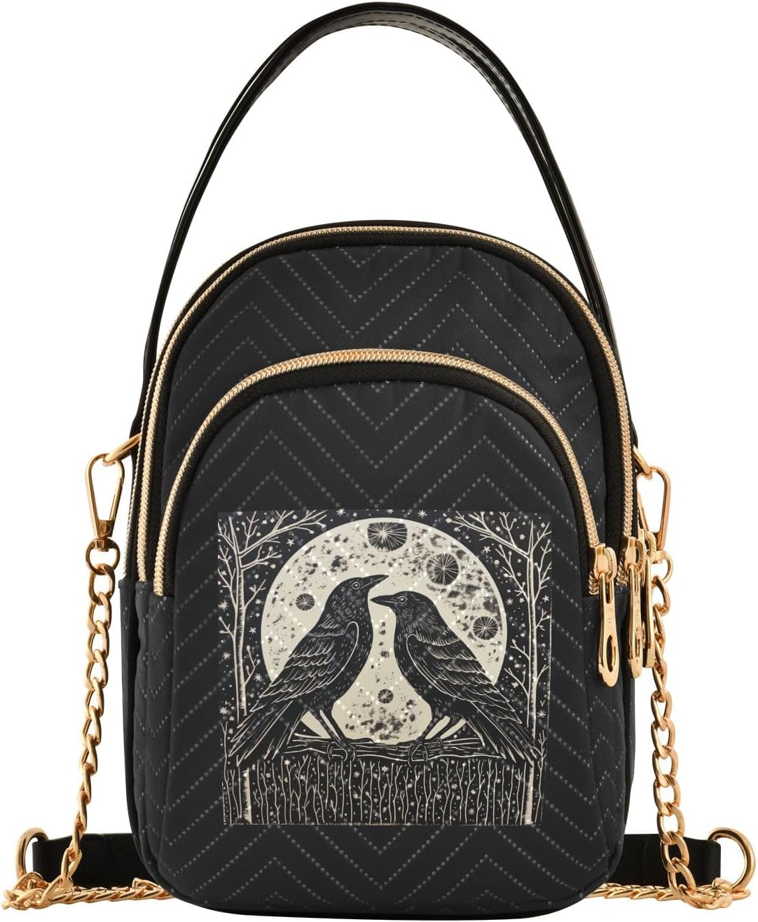 Crow with Moon Women's Crossbody Handbags with Zipper, Casual Leather Cell Phone Purse Crossbody Bags for Ladies