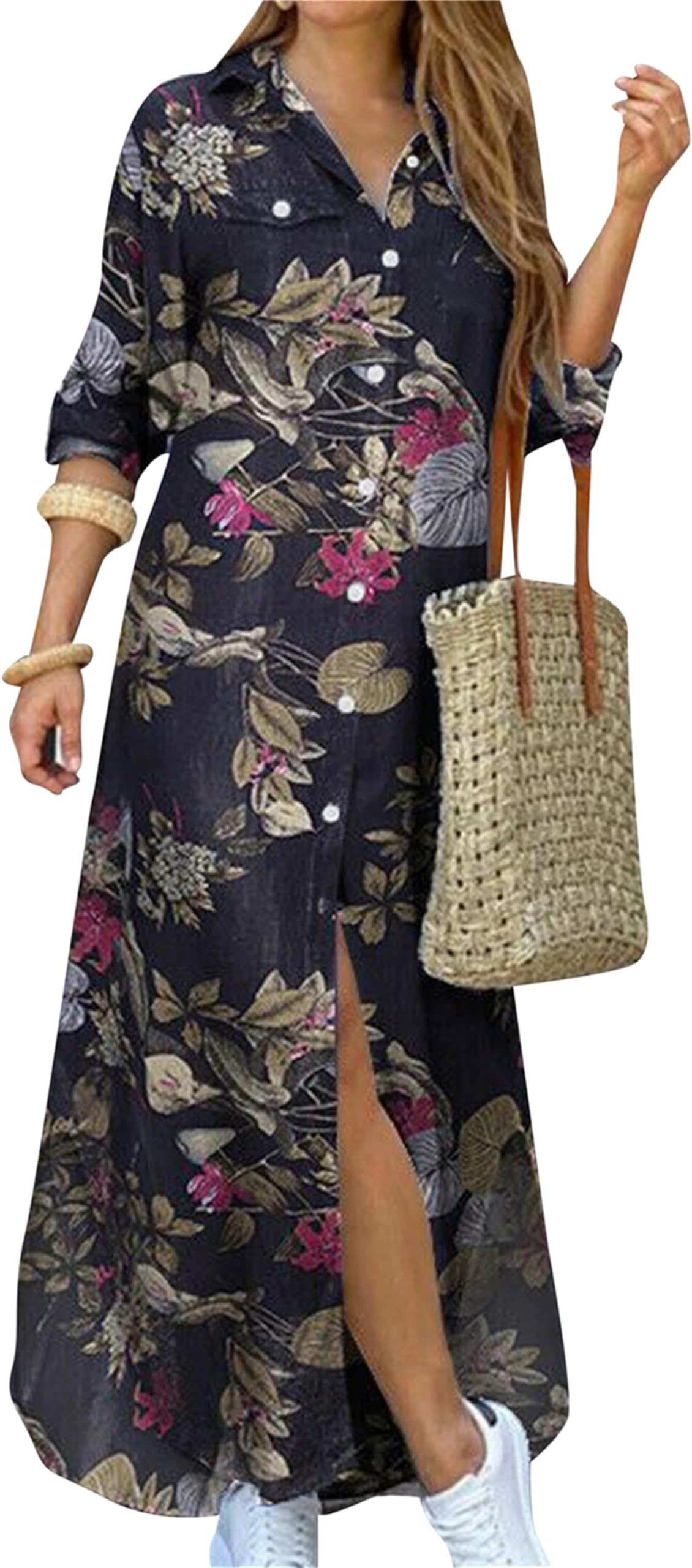 Women's Long Sleeve Maxi Shirt Dresses Lapel Collared Solid Color Casual Dresses Button Down Loose Dress