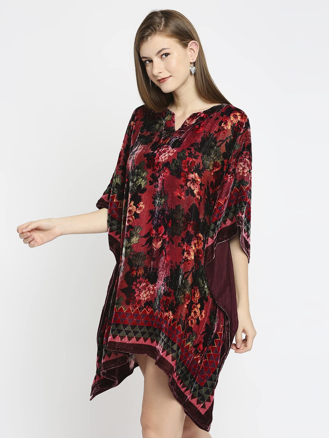 Diwali Sale Cloth Haus India Stylish Flower Printed Velvet Kaftan For Women