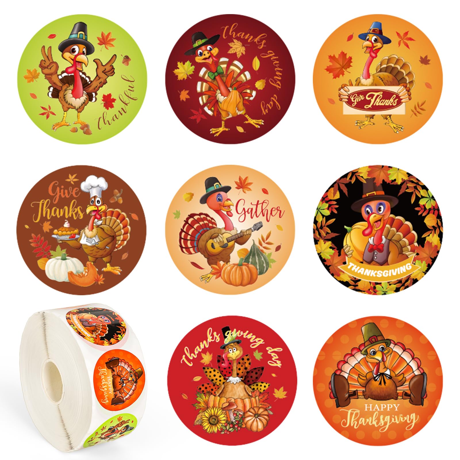 Whaline 1000Pcs Thanksgiving Turkey Stickers Roll Cartoon Turkey Paper Decals 8 Designs Self-Adhesive Stickers for Fall Autumn Harvest Envelope