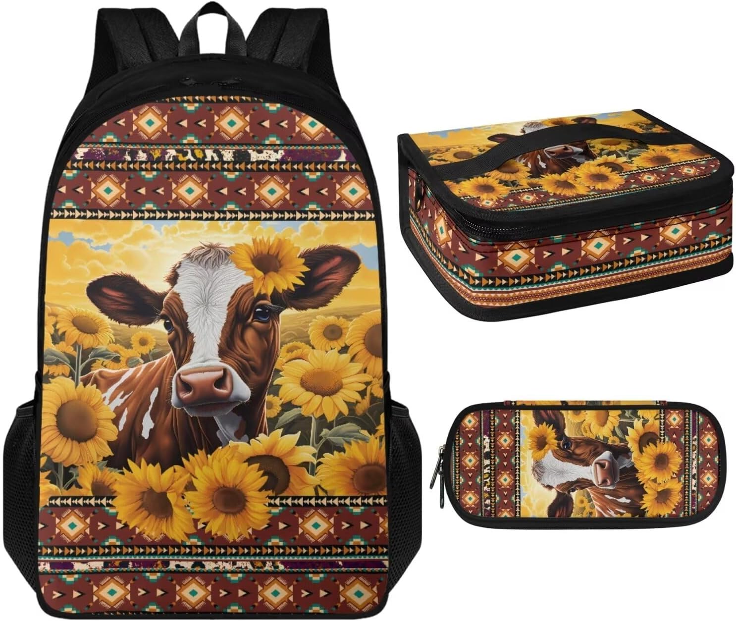 Boys School Backpack with Lunch Bag Set for Middle School Ethnic Cow Print Pencil Bag 17-Inch Laptop Bag with Water Bottle Holder Reusable Lunch Box for Picnic Cute Pencil Case 3 Pack