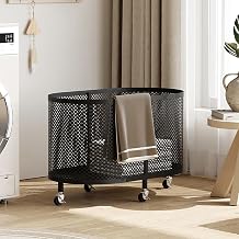 FORRTY Laundry Hamper with Casters, Dressing Hamper, Round Shape, Slim, Large Capacity, Movable, Mesh Storage, Clothes Storage, Blanket Holder, Laundry Hamper, Iron, Space-saving, Rustproof