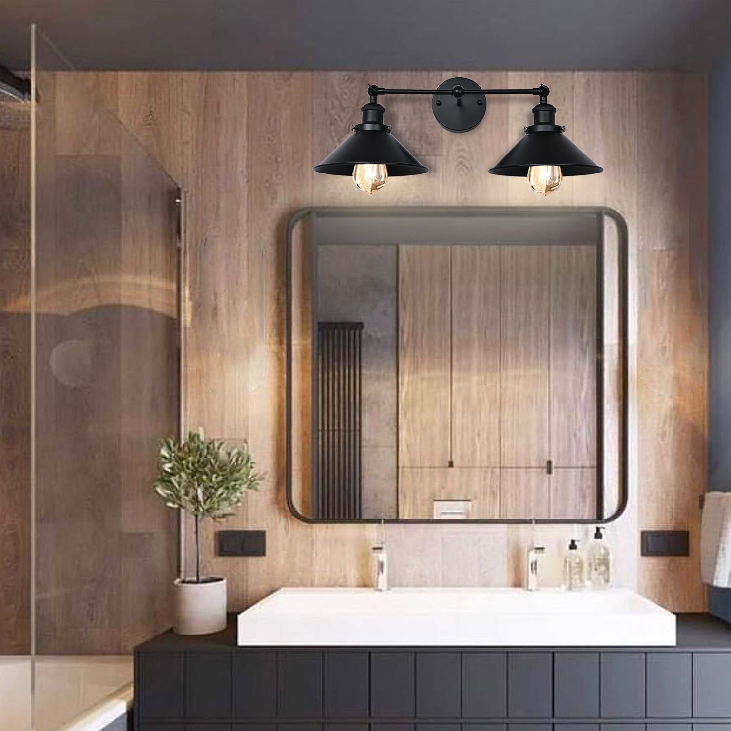 LMSOD Bathroom Vanity Light, Vintage Industrial Black Wall Sconce Metal Lighting Fixture with Metal Shade (2 Lights)