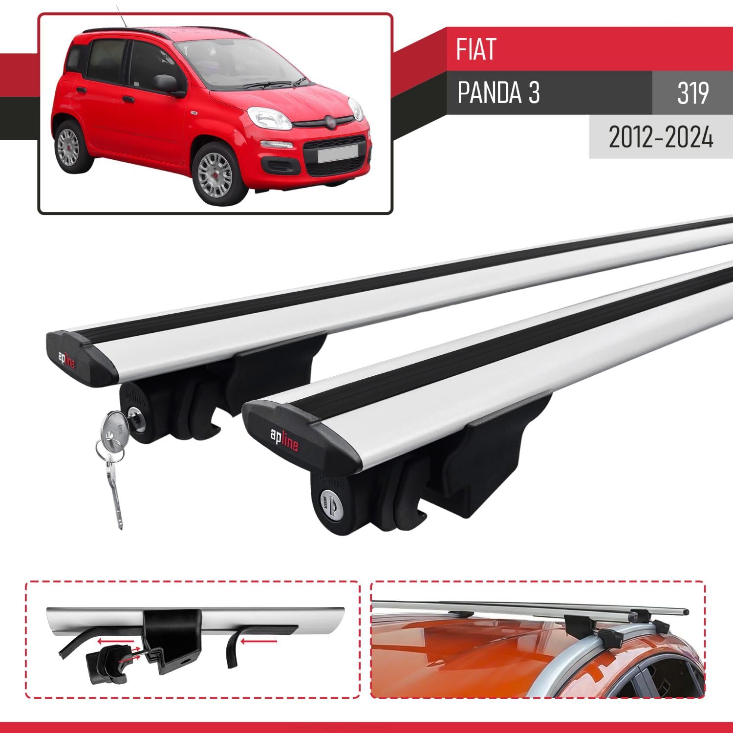 Compatible con Fiat Panda 3 (319) 2012-2024 Modelo Hook Barra de Techo Auto Portaequipajes Barras Transversales Gris Aluminio 2 Barras