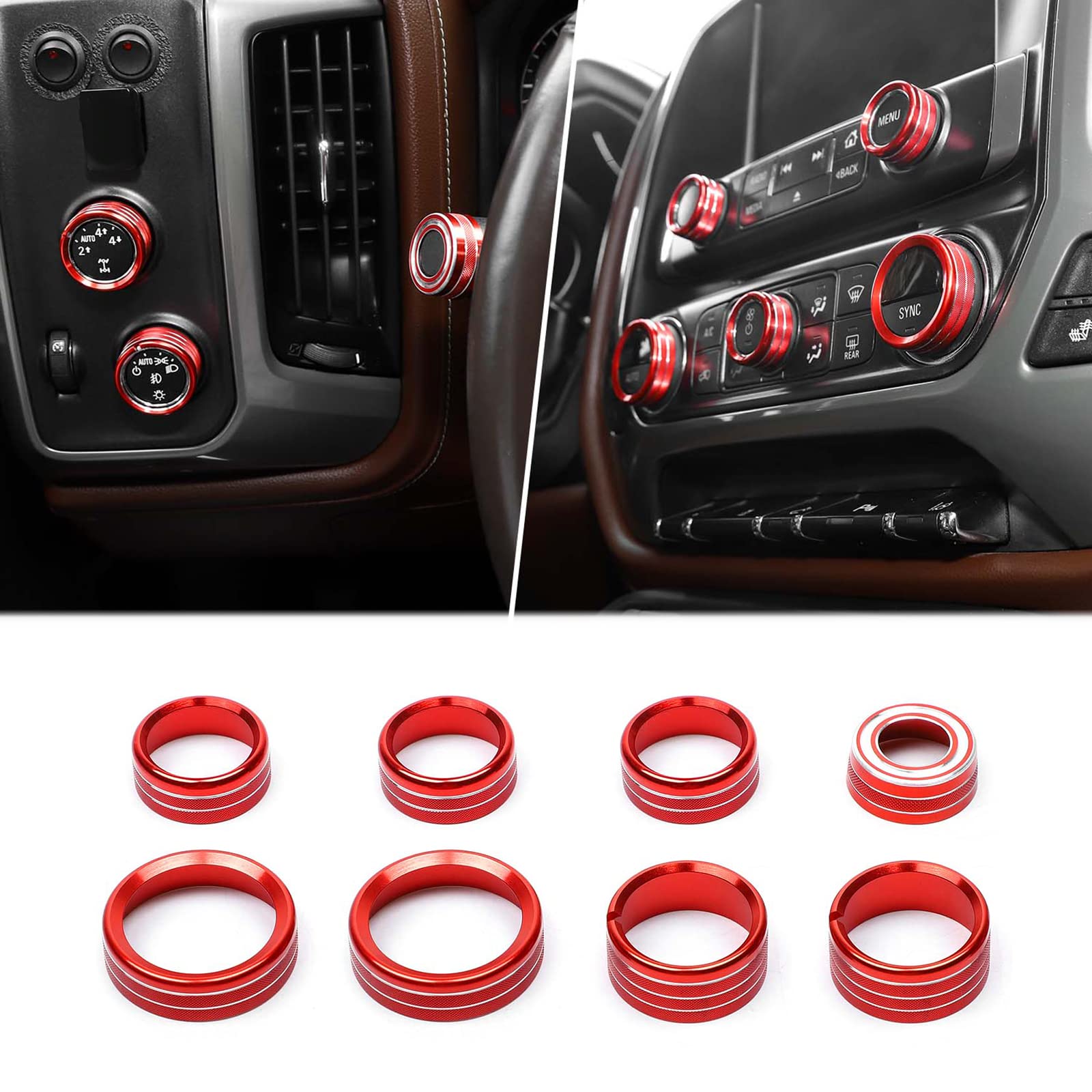 PDKLIN for Silverado Center Console Knob Cover Trim Ring Red for Chevy Silverado/Suburban/GMC Sierra 2014-2018 Red Interior Accessories 8pcs