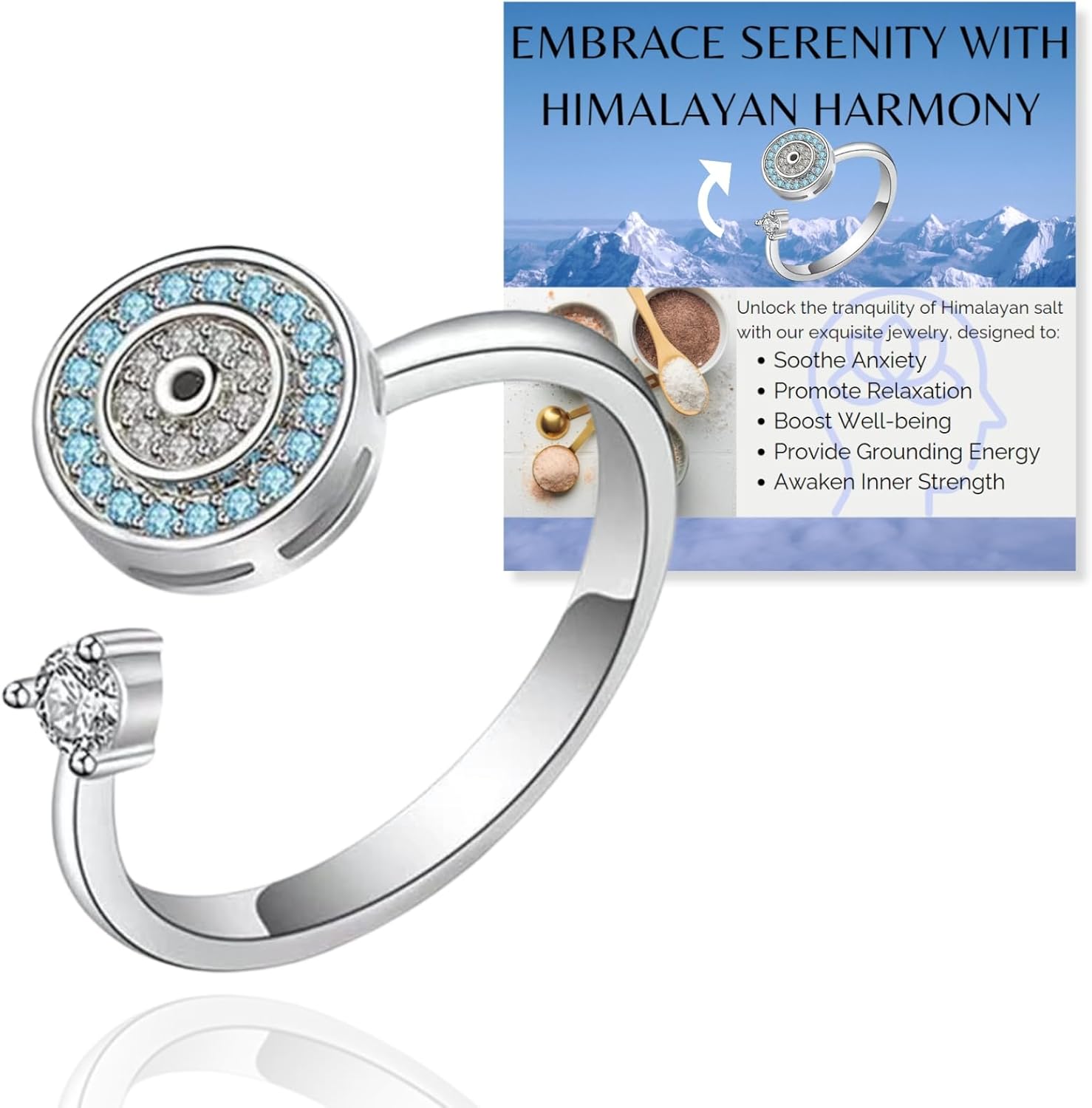 Anello Spinner Antistress Con Sale Himalaya - Gioiello Regolabile Con Diamante E Perle - Foto 12