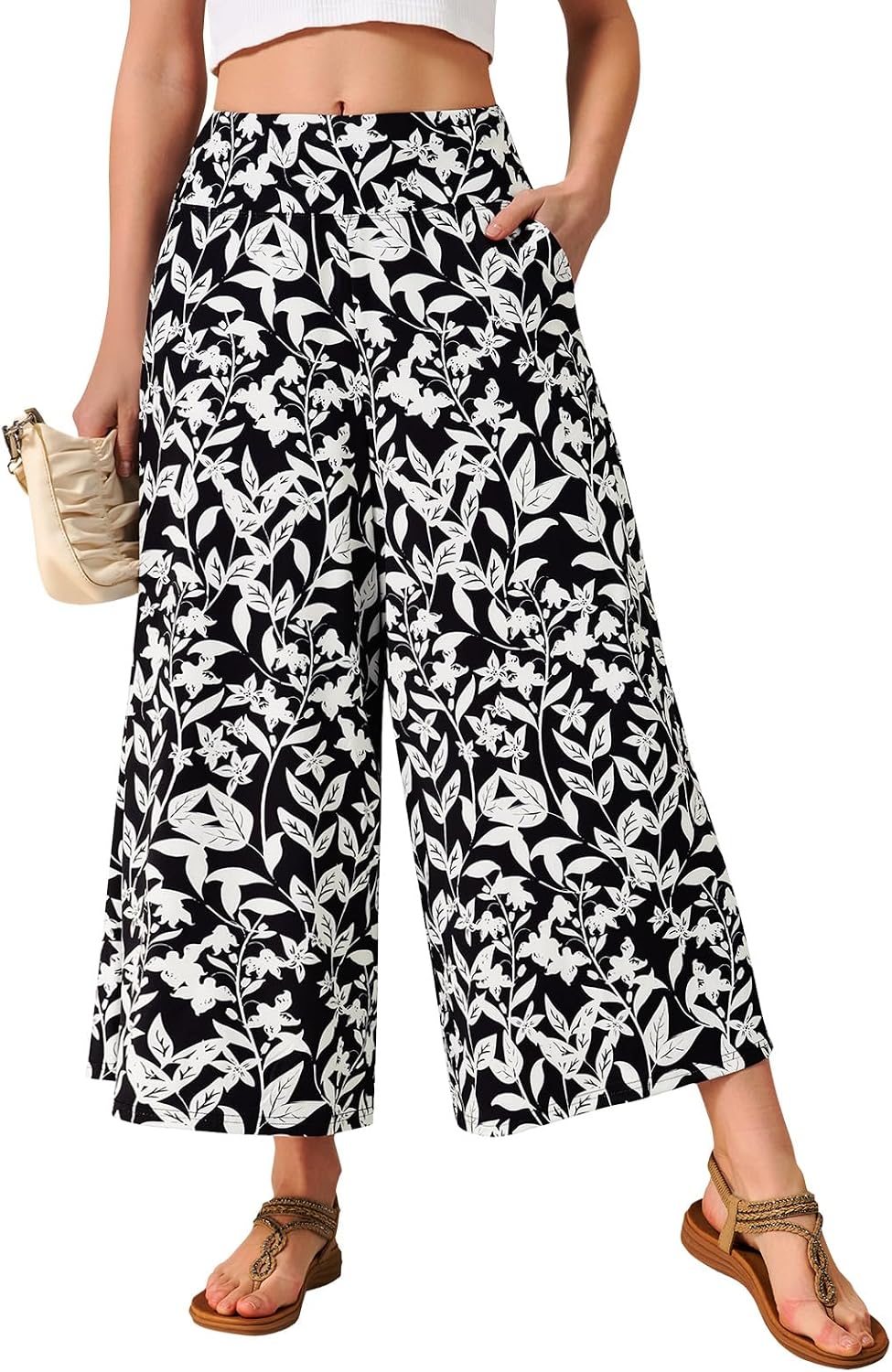 beroy Womens Wide Leg Palazzo Pants Casual Elastic High Waisted Flowy Pants with Pockets