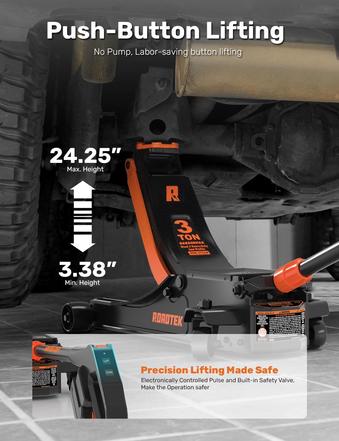 3 Ton Electric Floor Jack, Low Profile Jack for Quickly Car Lift, Hydraulic Service Jack, 6000 lbs Capacity. Lifting Range 3-3/8" to 24-1/4"(Caster Wheel)