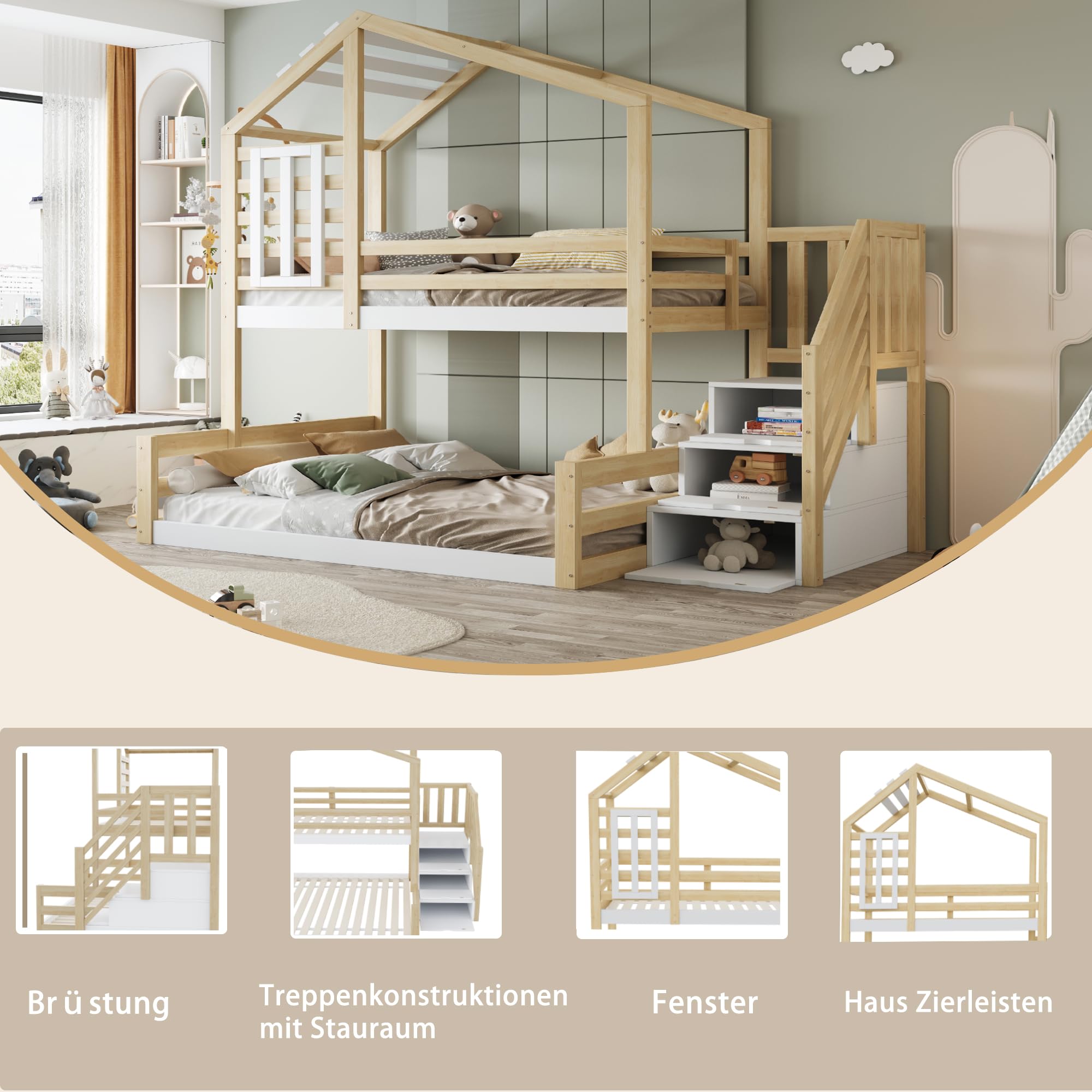 Etagenbett Kinderbett 90x200 & 140x200 cm, Hochbett Hausbett mit Treppe Stauraum und Fenster, Bett Bettgestell mit Lattenrost und Rausfallschutz, Holzbett für Kinder, Ohne Matratze, Natur
