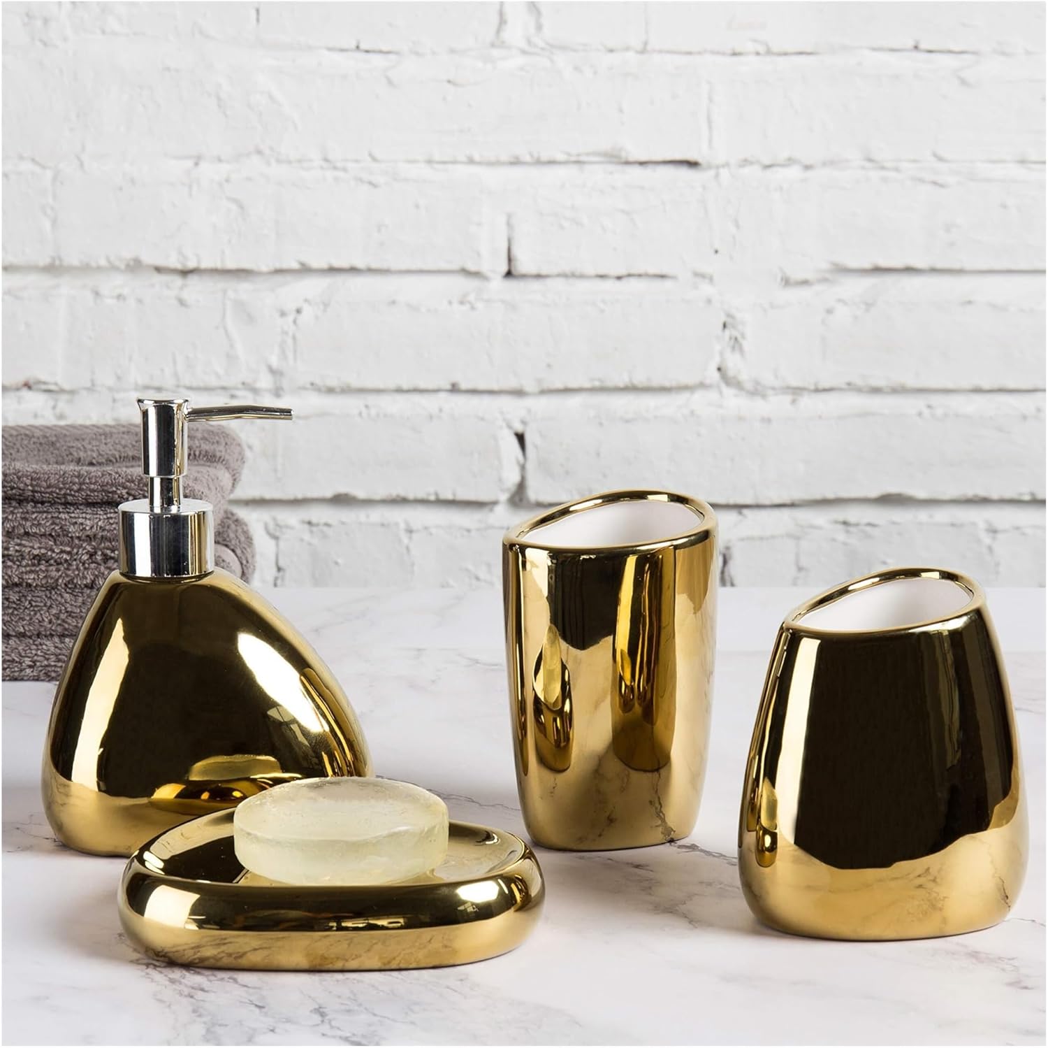 Bathroom Sets 4 Pc Ceramic Bathroom Accessories with Soap Dispenser Tumbler Toothbrush Holder and Dish Coastal Decor