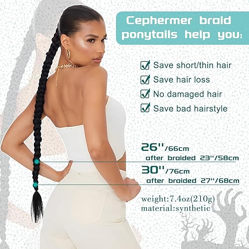 Miniatura 4 de Cephermer Extensión de cola de caballo trenzada de 26 pulgadas, 30 pulgadas, extensiones de cabello largo trenzado con lazo elástico, lacio