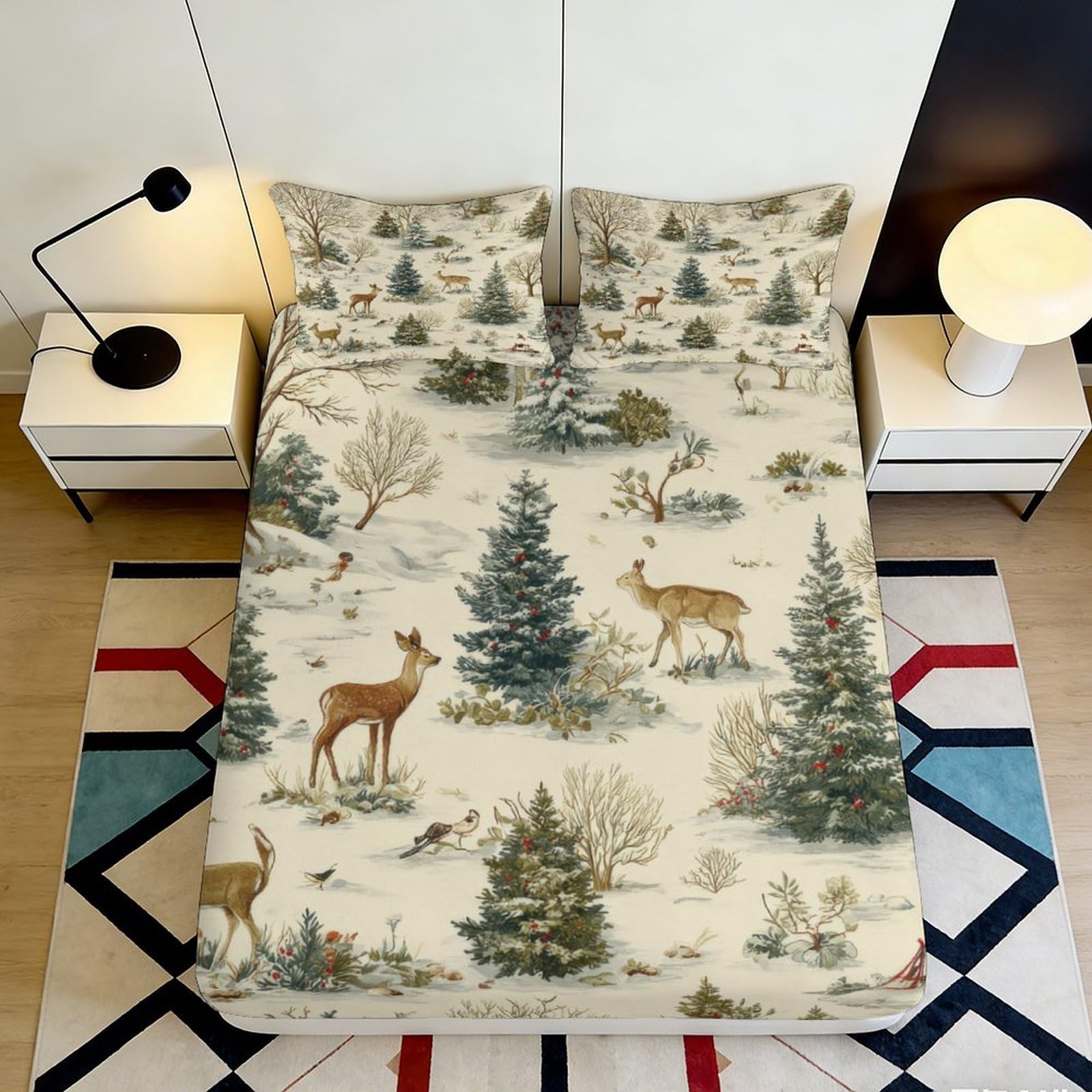 Pnayamiorkfel Style-1 3D Printed Winter Forest Fitted Sheet Microfiber Deer Pine Tree Mattress Cover For Bedroom Guest Room Decor 90X200x25cm