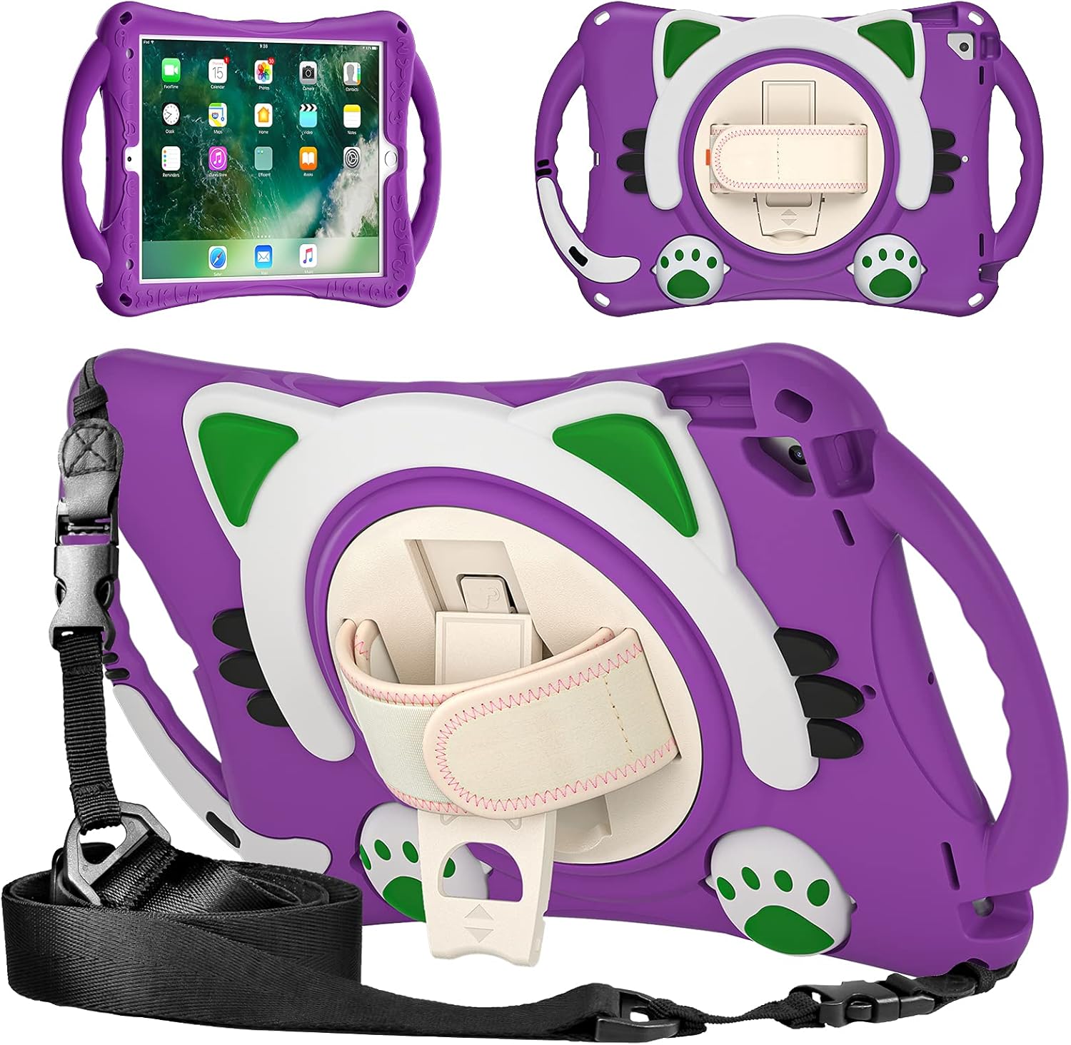 KIQ Cat Shield Case for iPad 10.2 9th 8th 7th Gen Heavy Duty Rugged Protection Cute Kid Friendly Kick Stand Shoulder Strap for Apple iPad 10.2 inch Model/Pro 10.5/Air 10.5 [ Cat Shield-Purple]