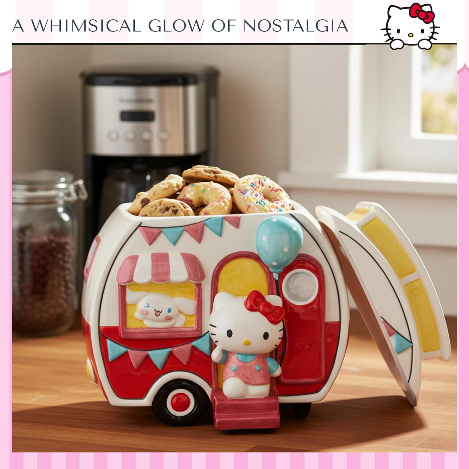 Blue Sky Clayworks Hello Kitty & Cinnamoroll Camper Cookie Jar, Ceramic, 7" L x 7" W x 7" H, Festive Roadside Treat Keeper