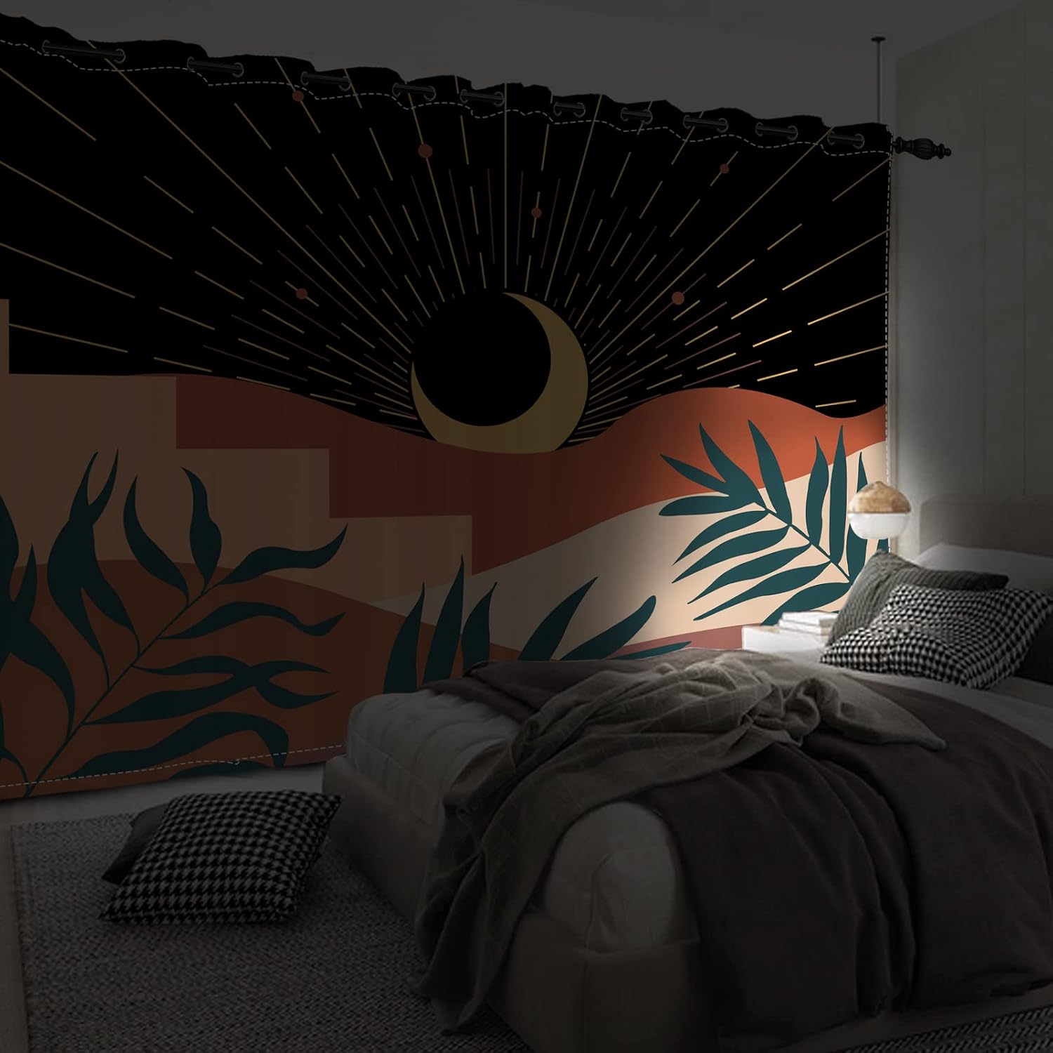 Yeele 53x84inches Abstract Boho Leaves Window Curtain Aesthetic Mountain Moon Modern Minimalist Window Treatment Blackout Noise Reducing Grommet Window Drapes for Living Room Bedroom Home Decor