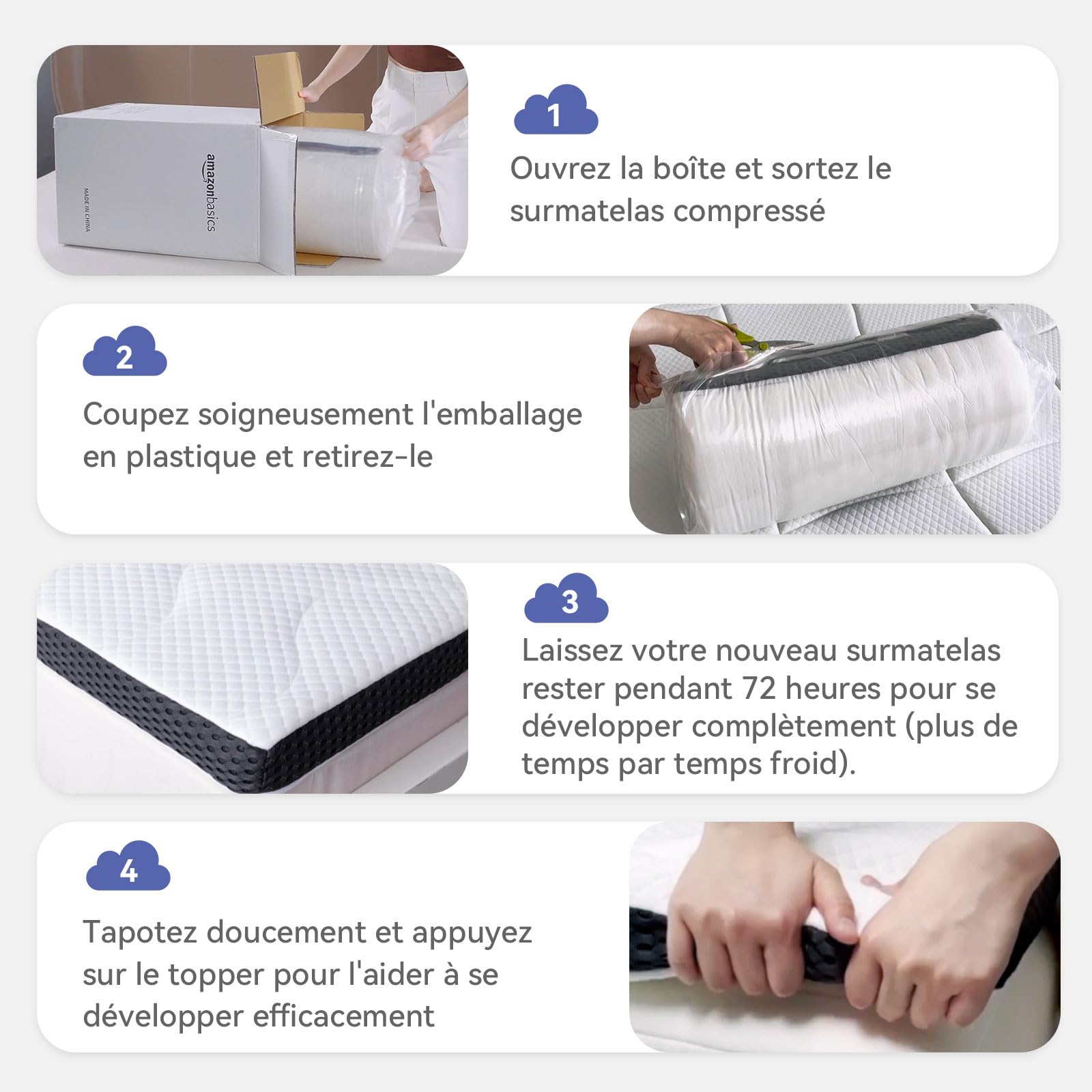 Amazon Basics Surmatelas de Mousse à Mémoire de Forme avec Gel Rafraîchissant Moelleux, 140 x 190 x 7 cm, Blanc