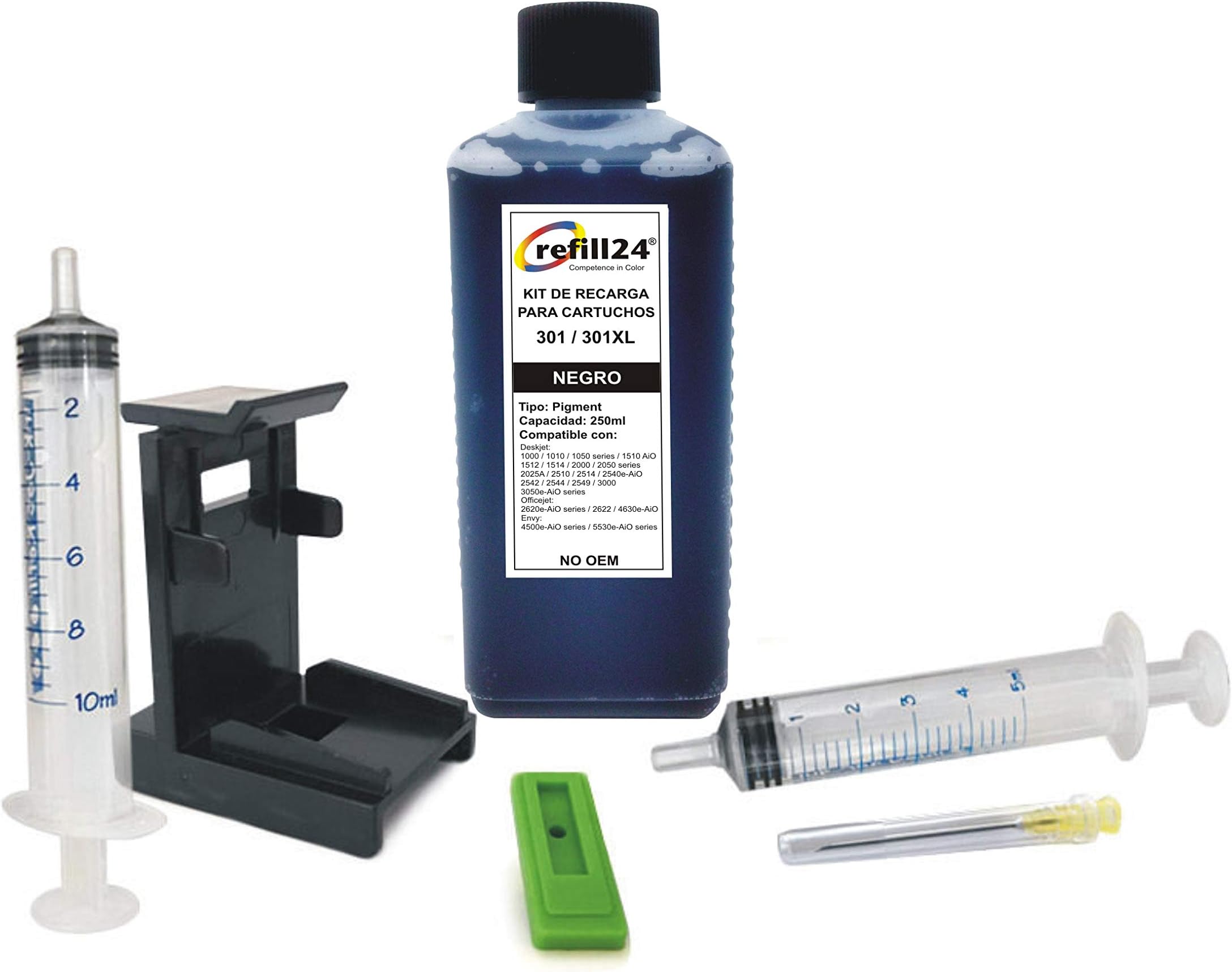 refill24 Refill Kit Compatible for HP 301, 301 XL Black Ink Cartridges, Includes Clip and Accessories + 250 ml Ink