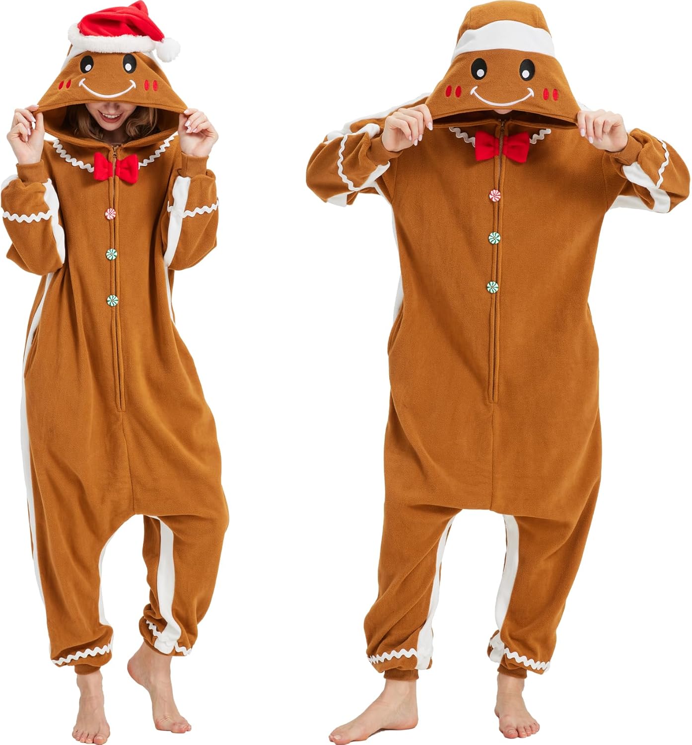Adult Gingerbread Man Onesie Christmas Costume, Cozy Holiday Pajamas with Santa Hat for Women and Men