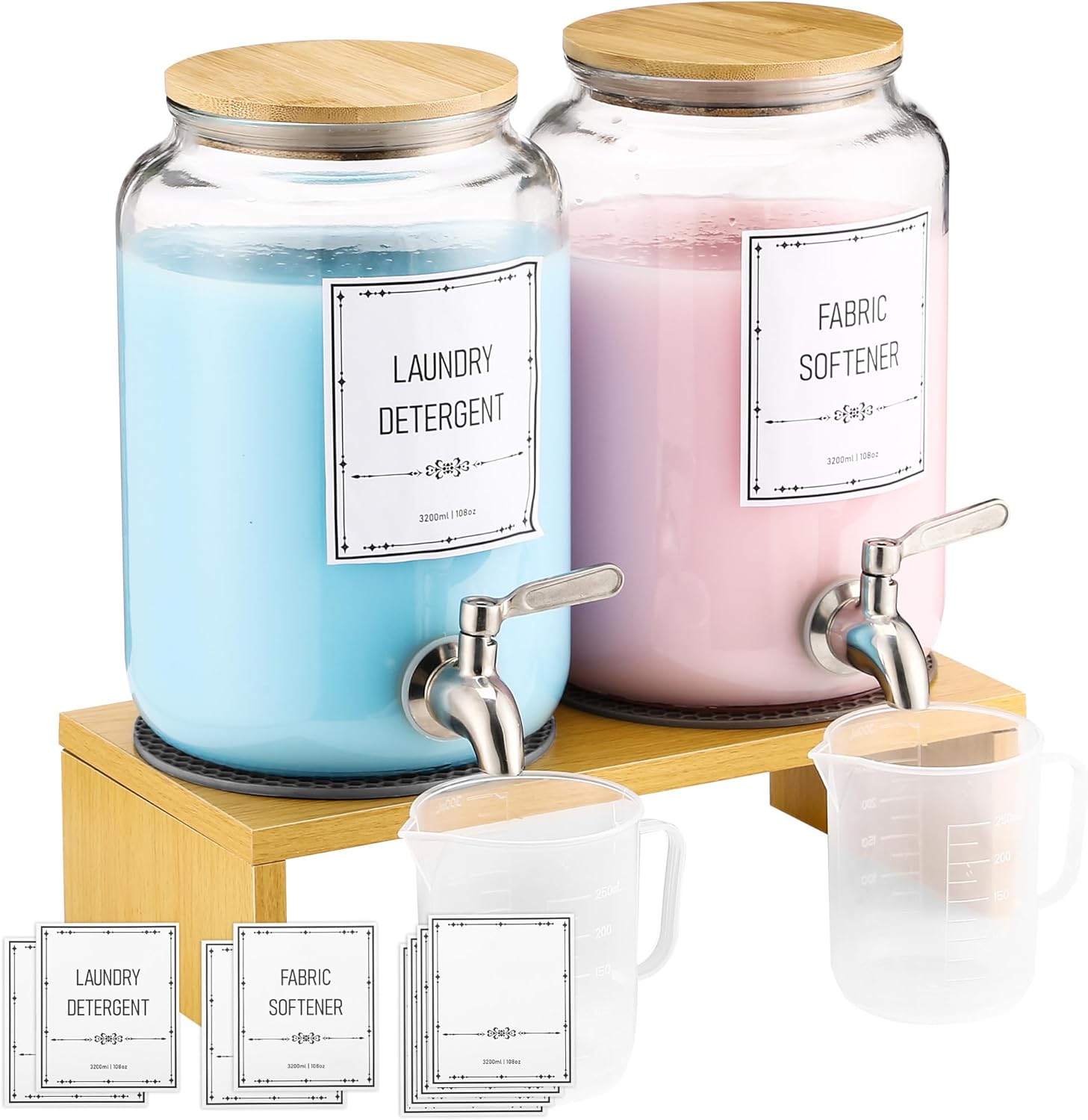 Laundry Detergent Dispenser. 0.9 Gallon Glass Laundry Soap Liquid Laundry Detergent Dispense. Fabric Softener Dispenser With Stand and Bamboo Lid. Laundry Room Organization and Storage