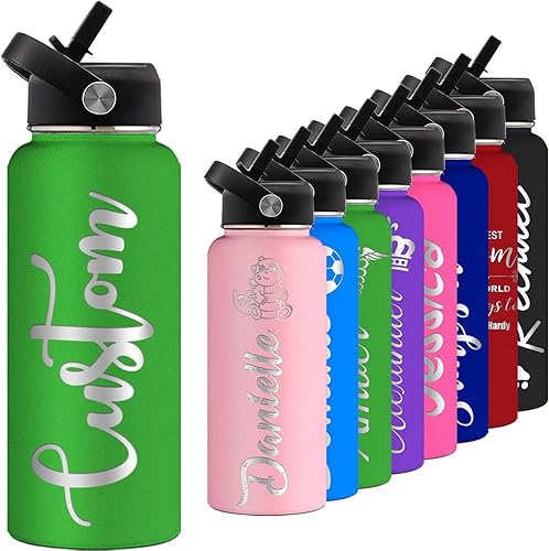 Miniatura 1 de Botellas de agua personalizadas de 32 onzas con nombre grabado, tapa de pajilla, acero inoxidable con aislamiento personalizado, asa de taza
