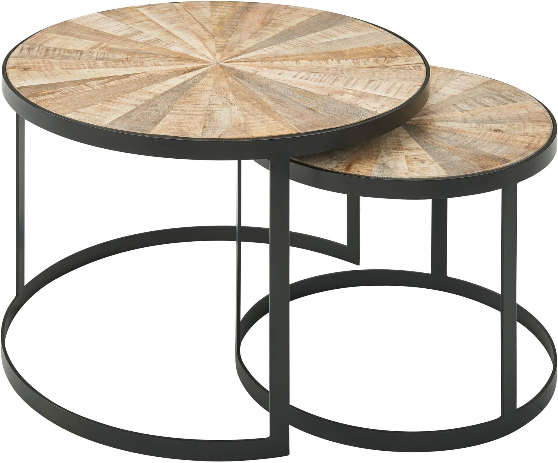 Lot De 2 Tables Basses Rondes Gigogne Empilables Plateau En Bois Aspect Marbre Et Pieds En Metal Noir 99287239