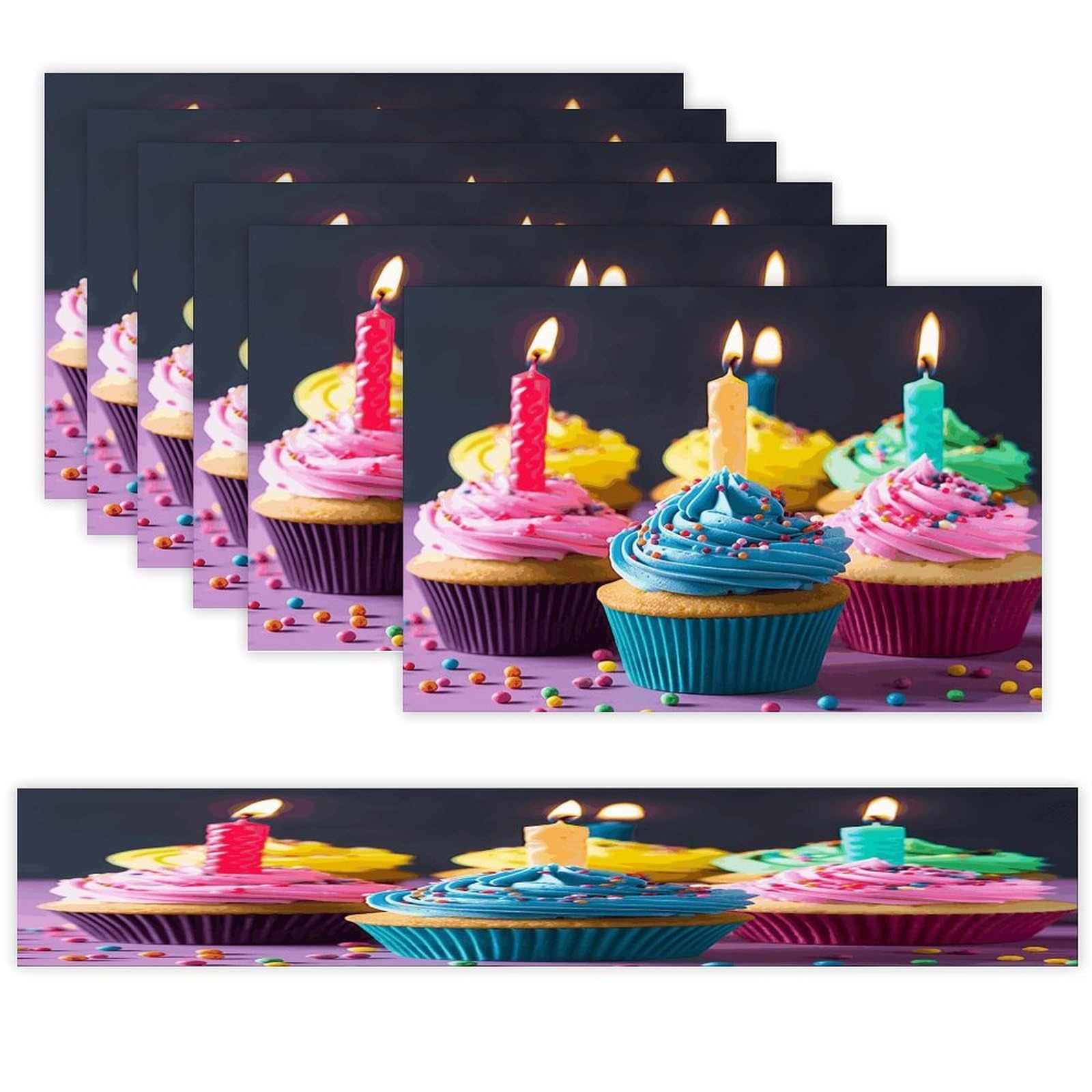 Colorful Happy Birthday Cupcakes Table Runner and Placemats of 6 Washable Heat Resistant Place Mats with Table Runner Vintage Holiday Table Mat Set for Holiday Party Kitchen Dining Deco