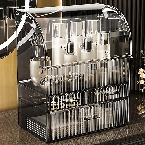 Miniatura 2 de MOOCHI Patrón de rayas negras translúcidas organizador de maquillaje cosmético grande profesional a prueba de polvo a prueba de agua cosméticos