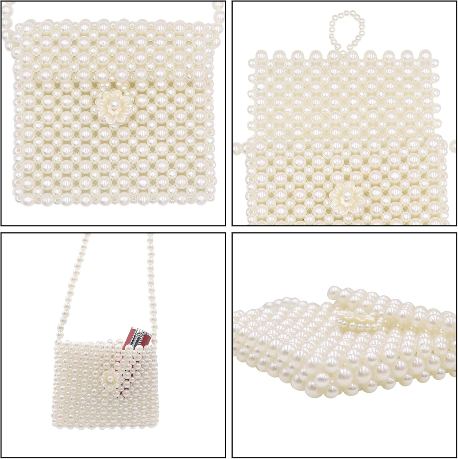 White Pearl Purse Shoulder Bag for Women Girls Purse Pearl Beaded Clutch for Prom Wedding Date,Flap Evening Bag 6# - Image 4