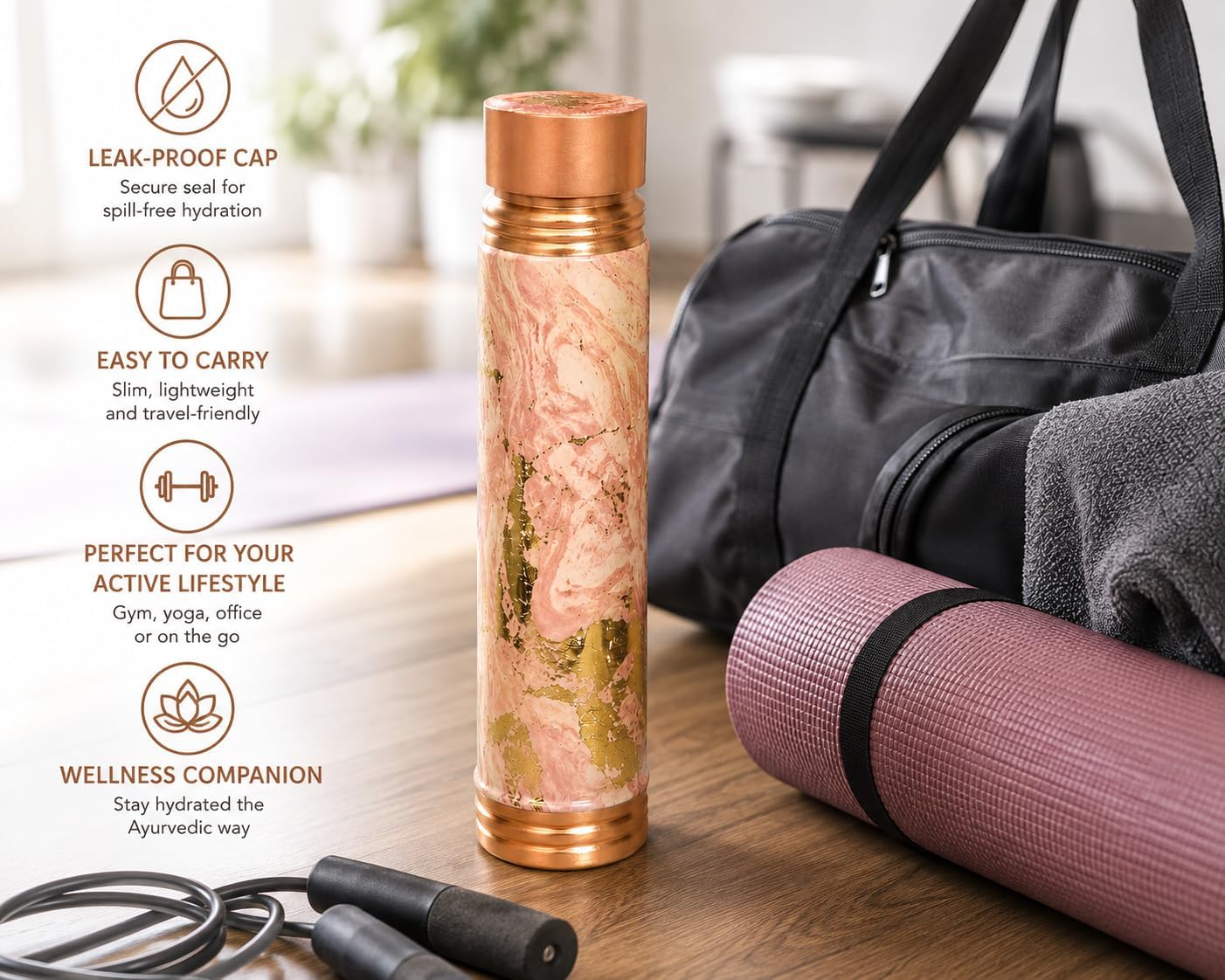Copper Water Bottle for Drinking Water 1 Liter 100% Pure Copper Bottle, Pink Marble Finish, Ayurvedic Handcrafted, Leak-Proof, BPA-Free, 34 oz for Yoga, Office, Travel & Gifting image 5