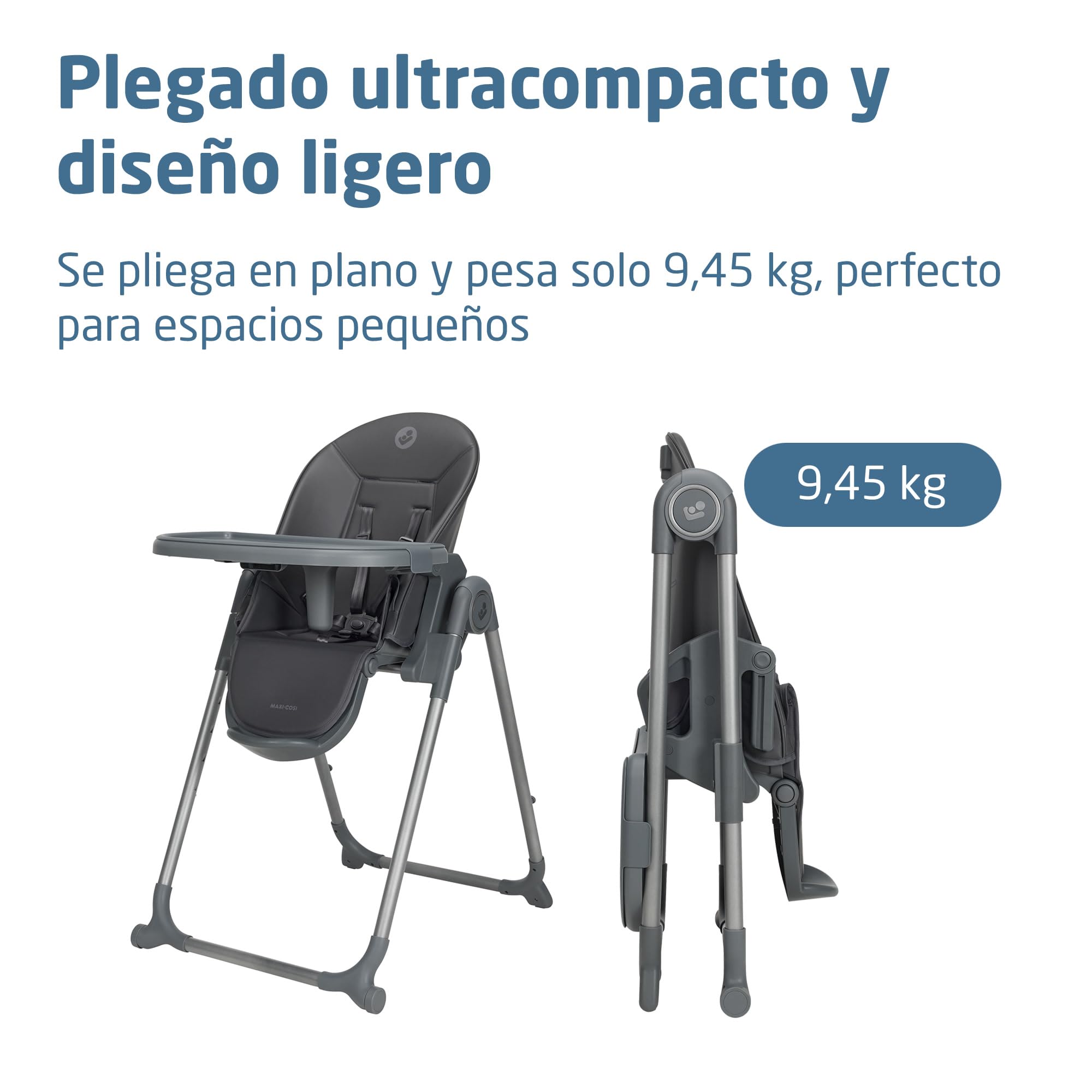 Maxi-Cosi Ava2 Trona de bebé, 0-3 años (máx. 15 kg), Trona bebé plegable y compacta, Ligera (9,45 kg), 5 ajustes de reclinado/6 de altura, Bandeja extraíble con una mano, 2 ruedas, Elegance Graphite