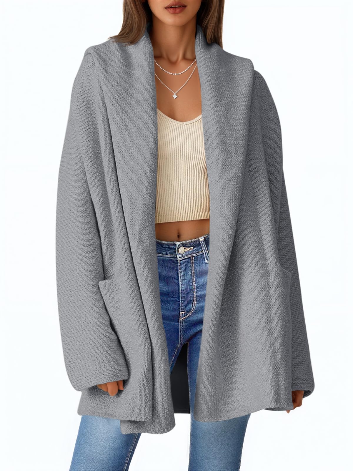 Saodimallsu Womens Open Front Knit Cardigans Oversized 2025 Fall Lapel Hooded Long Sweater Coats with Pockets