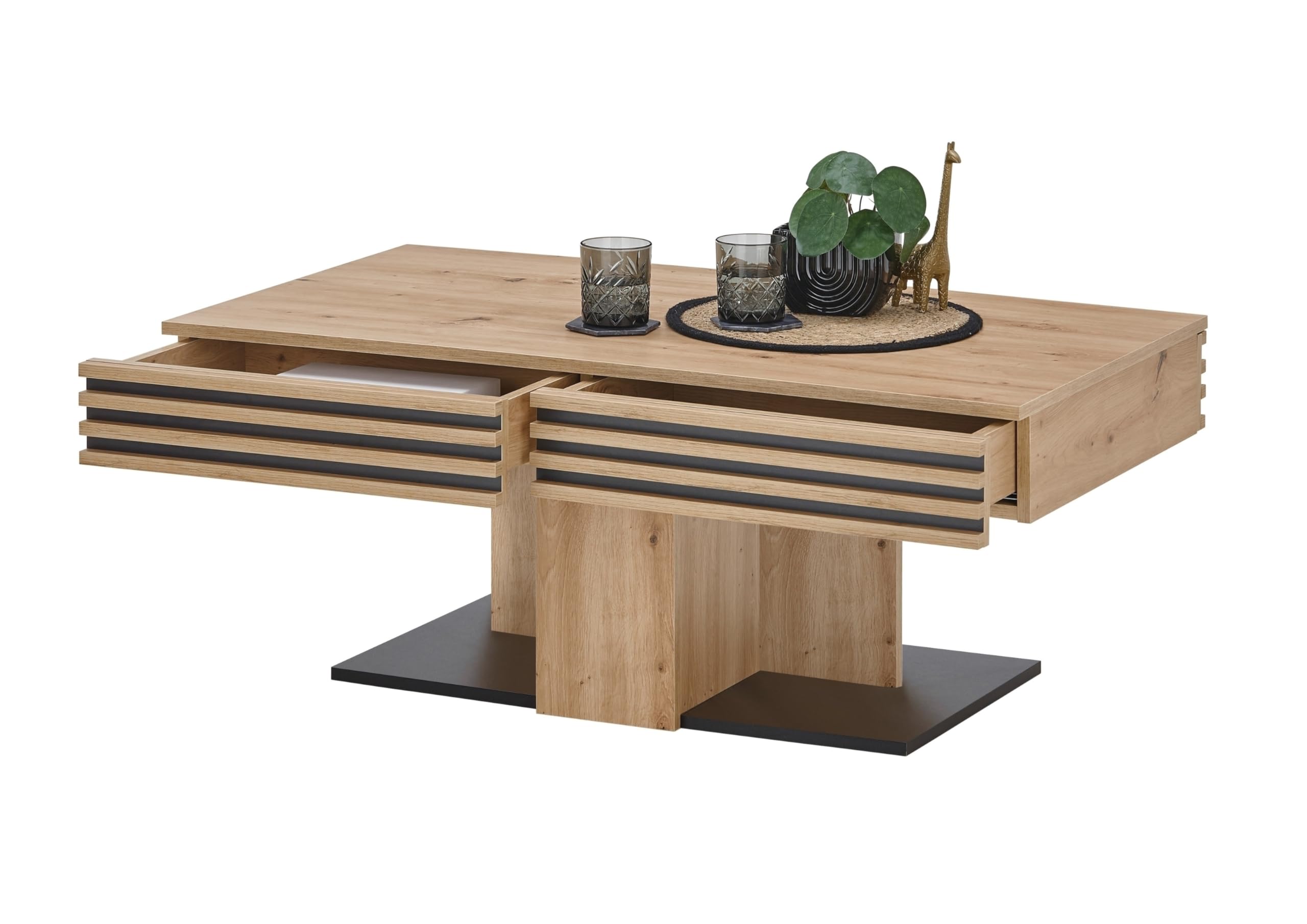 möbelando Couchtisch Luara 110x60 cm – Moderner Wohnzimmertisch in Artisan Eiche Dekor mit 2 Schubladen & schwarzem Akzent – Stabil & Pflegeleicht