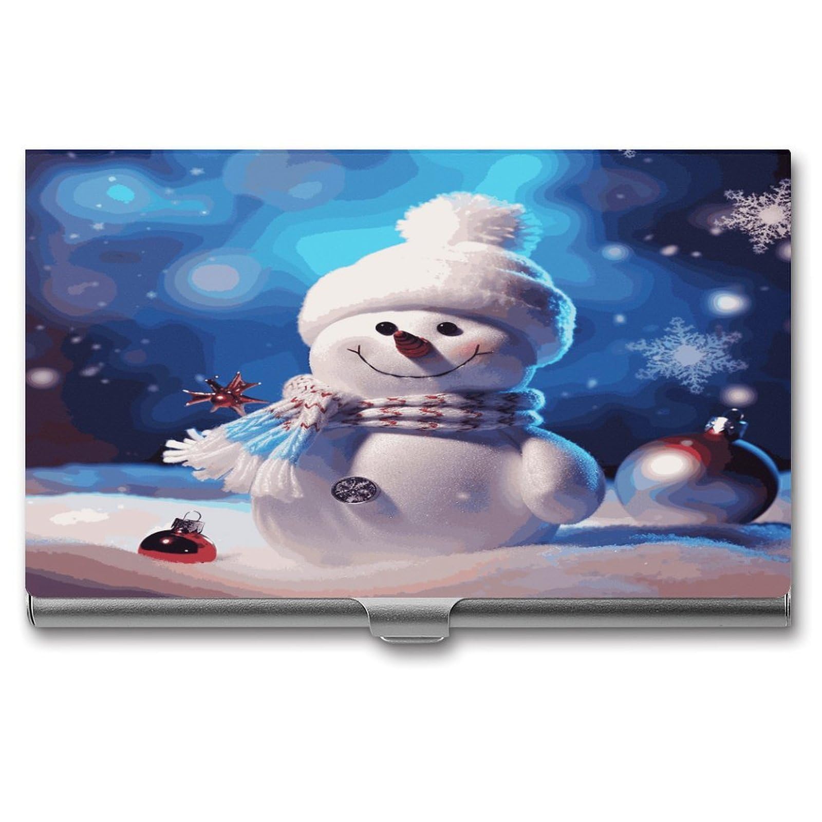 LDGSUPH Merry Christmas Snowman Business Card Holder Fashion Slim Name Card Holder Minimalist Design Case Metal Card Carrier Personalized Business Card Case with Flip for Men Women