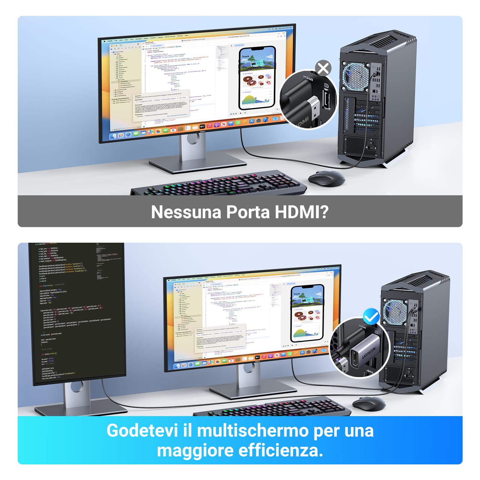 UGREEN Adattatore DisplayPort a HDMI Unidirezionale 4K 30Hz 2K 60Hz 1080P 120Hz Convertitore Alluminio 2 Pezzi