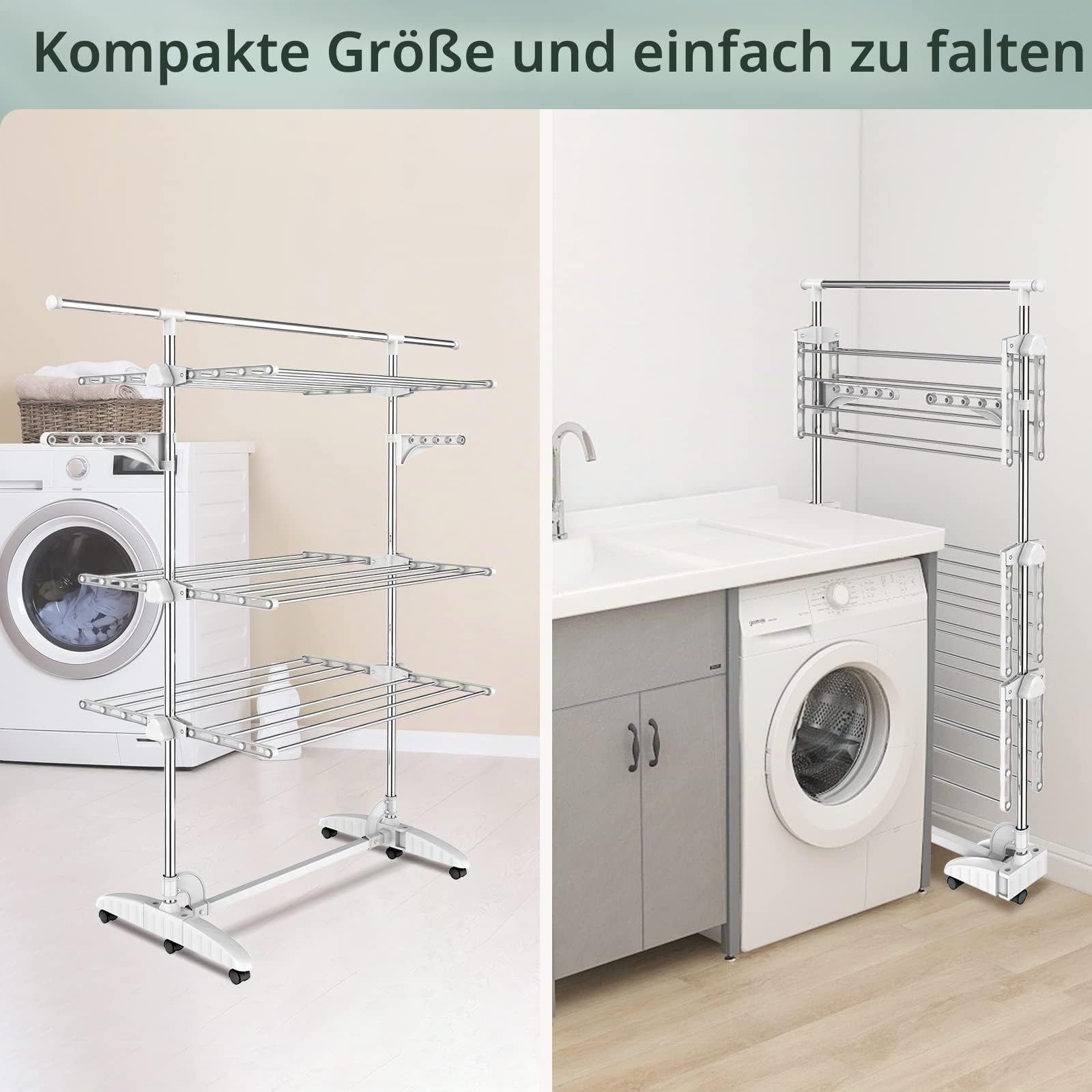 Todeco Wäscheständer Turm Klappbar, 3 Ebenen Wäscheturm aus Edelstahl, Weiß | Turmtrockner mit 6X Rollen, Flügel, Obene Teleskopstange, Mobiler Turmwäscheständer für Wohnzimmer Wäscheraum Badezimmer