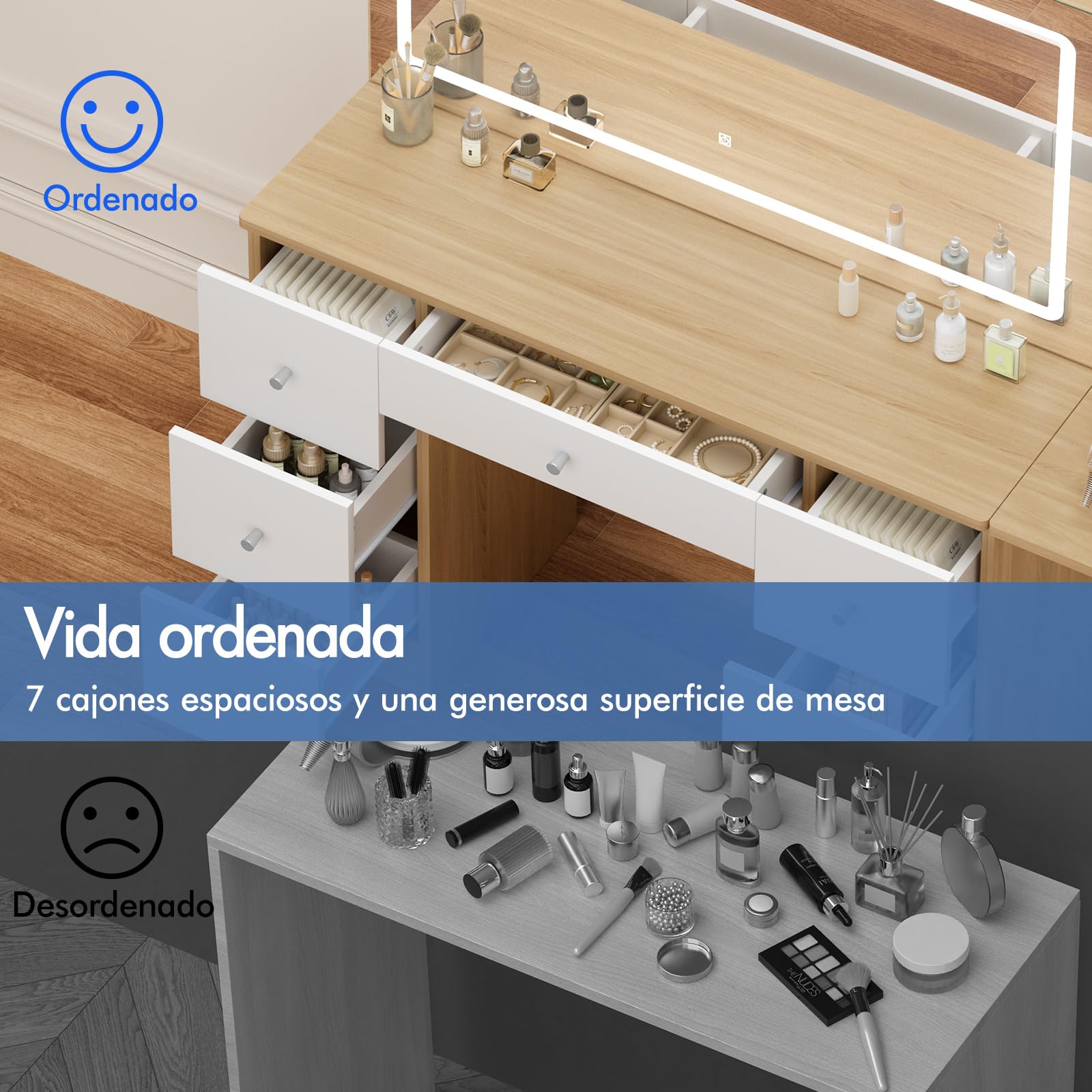 ALFORDSON Tocador con Espejo e iluminación, Juego de tocador de 90 cm con 4 cajones y Taburete de Almacenamiento, Luces LED Ajustables, tocador para Dormitorio de Mujeres y niñas, Madera