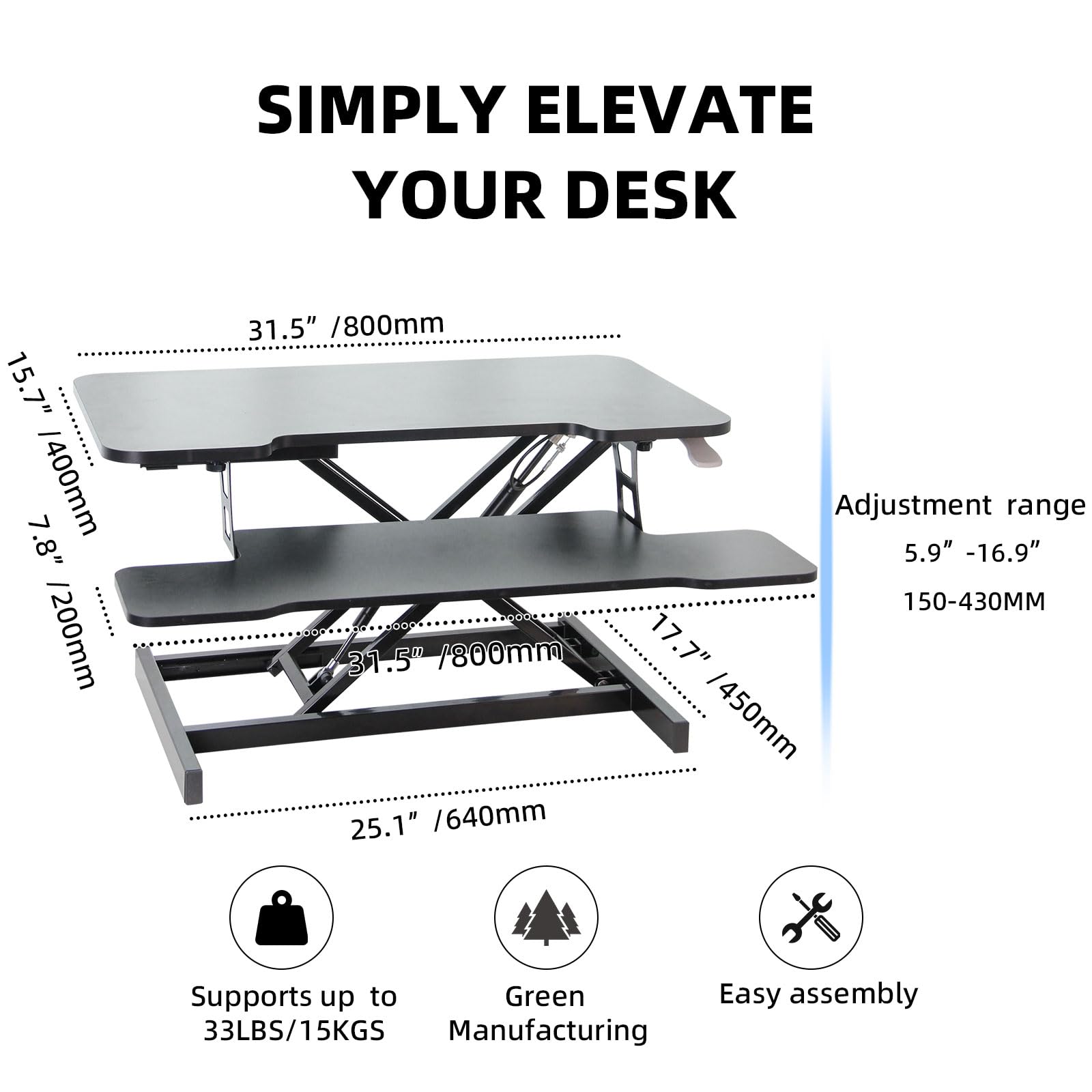 Convertisseur de bureau debout, hauteur réglable de 81,3 cm, poste de travail assis-debout, rehausseur de bureau à double écran avec plateau pour clavier, noir