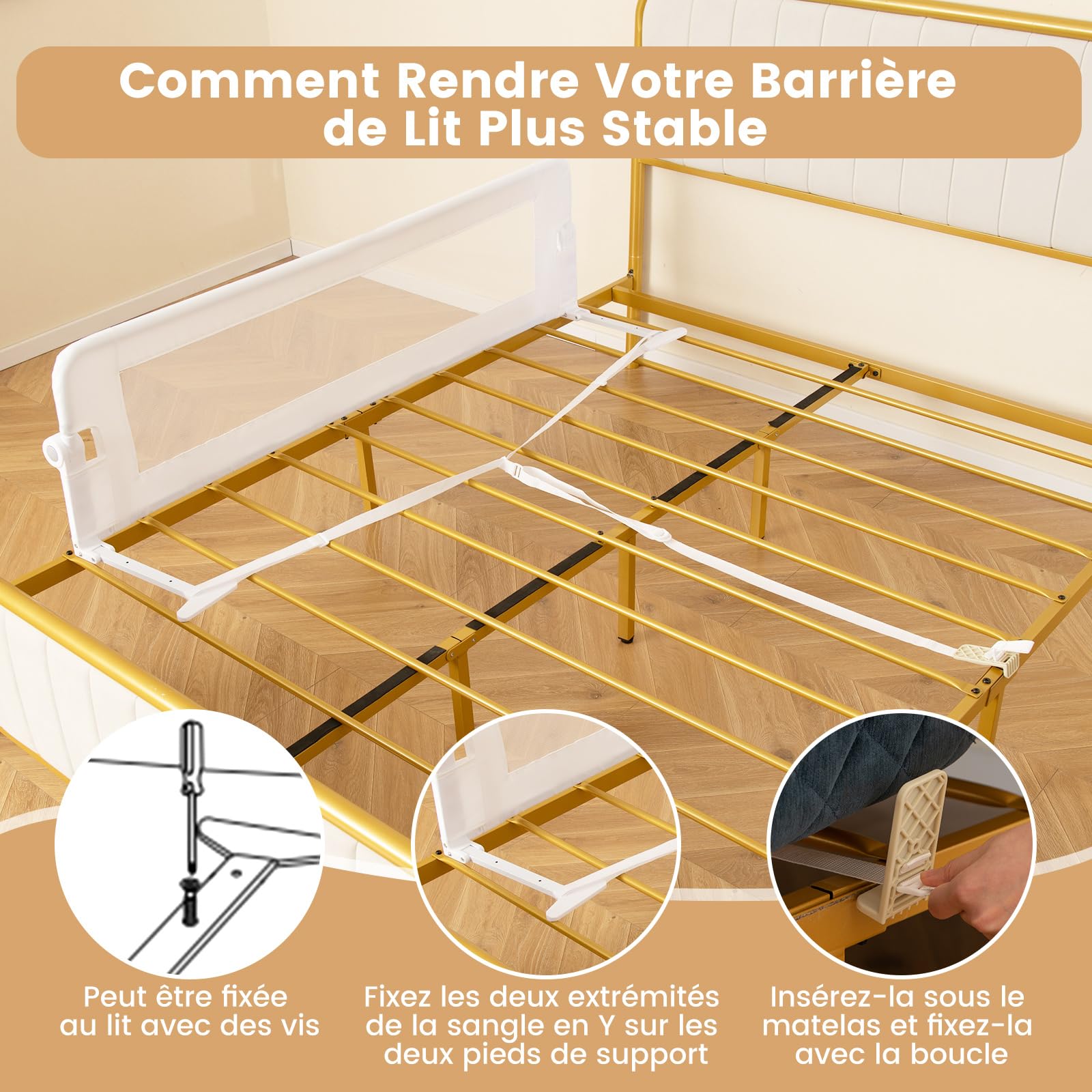 COSTWAY Barrière de Lit Pliable pour Bébé/Enfant Barre de Lit Rabattable avec Mousse Souple, Trous Pré-Percés Barrière de Protection Bébé Chambre à Coucher (Blanc, 152 x 42 cm)