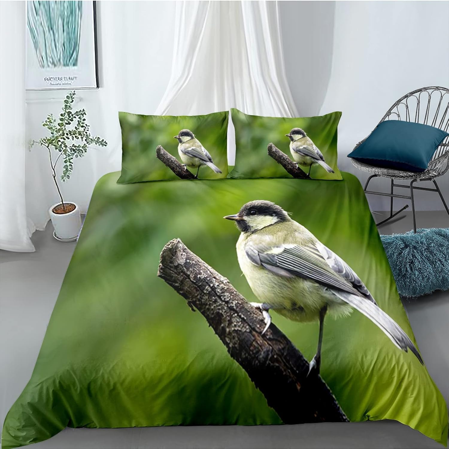 Housses de couettes 240x220 anti-glisse zippée motif oiseaux 3D