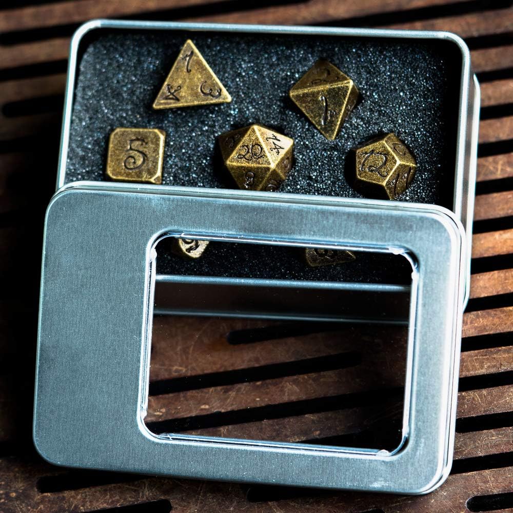 Cusdie Metal Dice with Metal Box, 7 PCs DND Dice, Polyhedral Dice Set with Dragon Font, for Role Playing Game Dungeons and Dragons D&D Dice MTG Pathfinder Math Teaching (Bronze)
