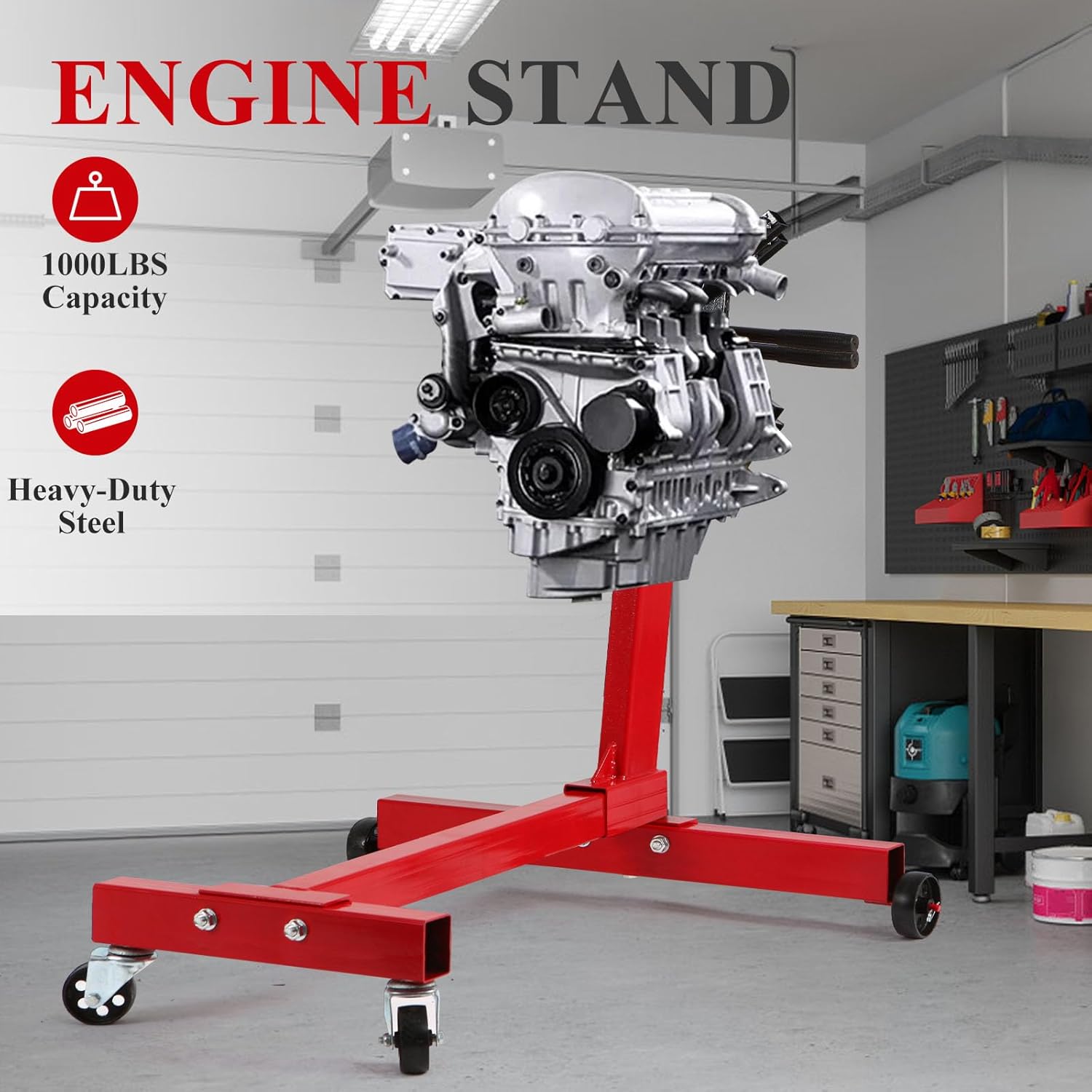 Engine Stand 1000 lbs Auto Repair Rebuild Steel Engine Stand Rotating Engine Motor Stand with 360° Adjustable Head 5-Caste rfor Vehicle Maintenance (1000 lbs)