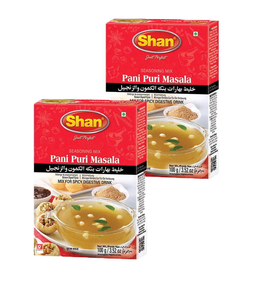 Shan Pani Puri Seasoning Mix 3.52 oz (100g) - Spice Powder for Spicy Digestive Drink - Suitable for Vegetarians - Airtight Bag in a Box (Pack of 2)
