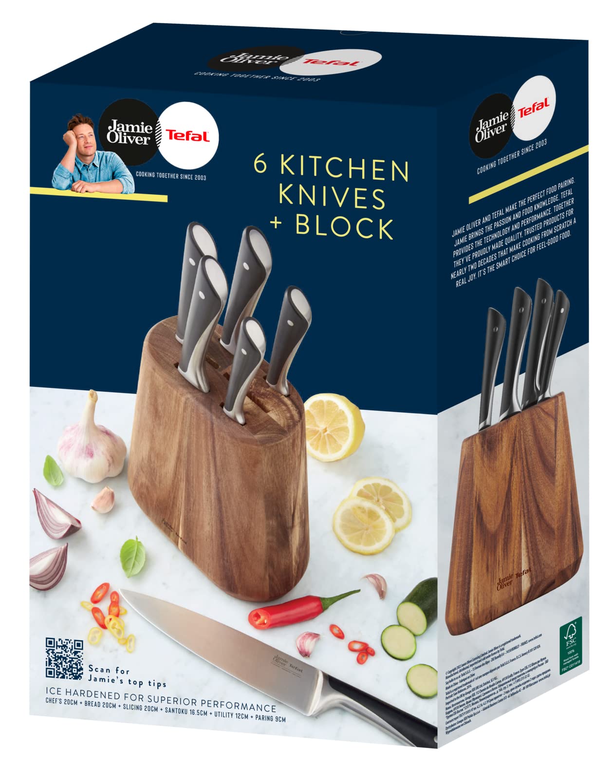 Tefal Jamie Oliver K267S656 Jeu de Couteaux, Acier inoxydable, Bois, Marron, Noir, 7 Pièces