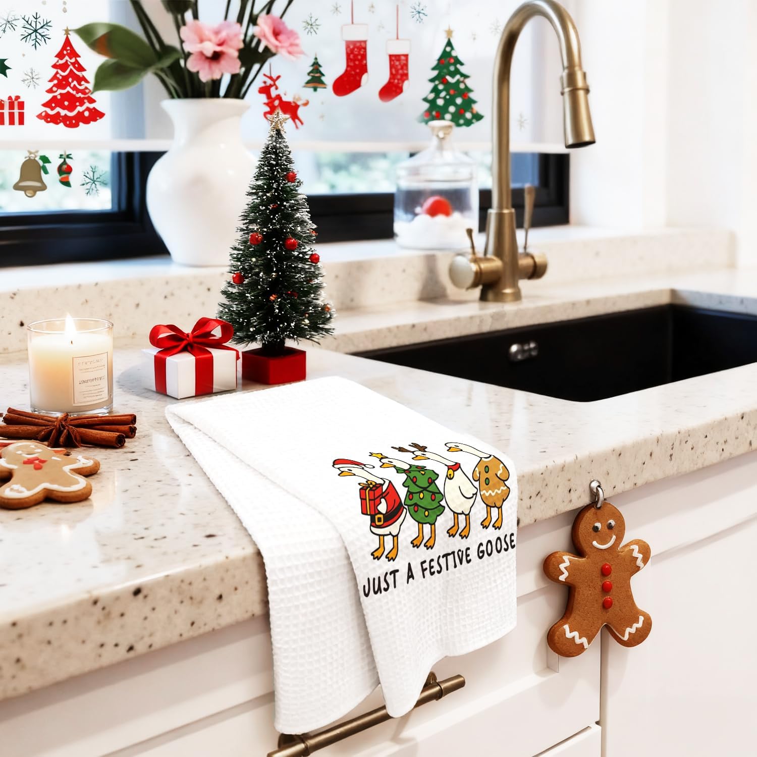 Funny Christmas Goose Kitchen Towels, Goose Lover Gifts Dish Tea Towels for Kitchen, Holiday Xmas Tree Funny Santa Geese Hand Towel for Bathroom Decor, 16x24 Inches image 4