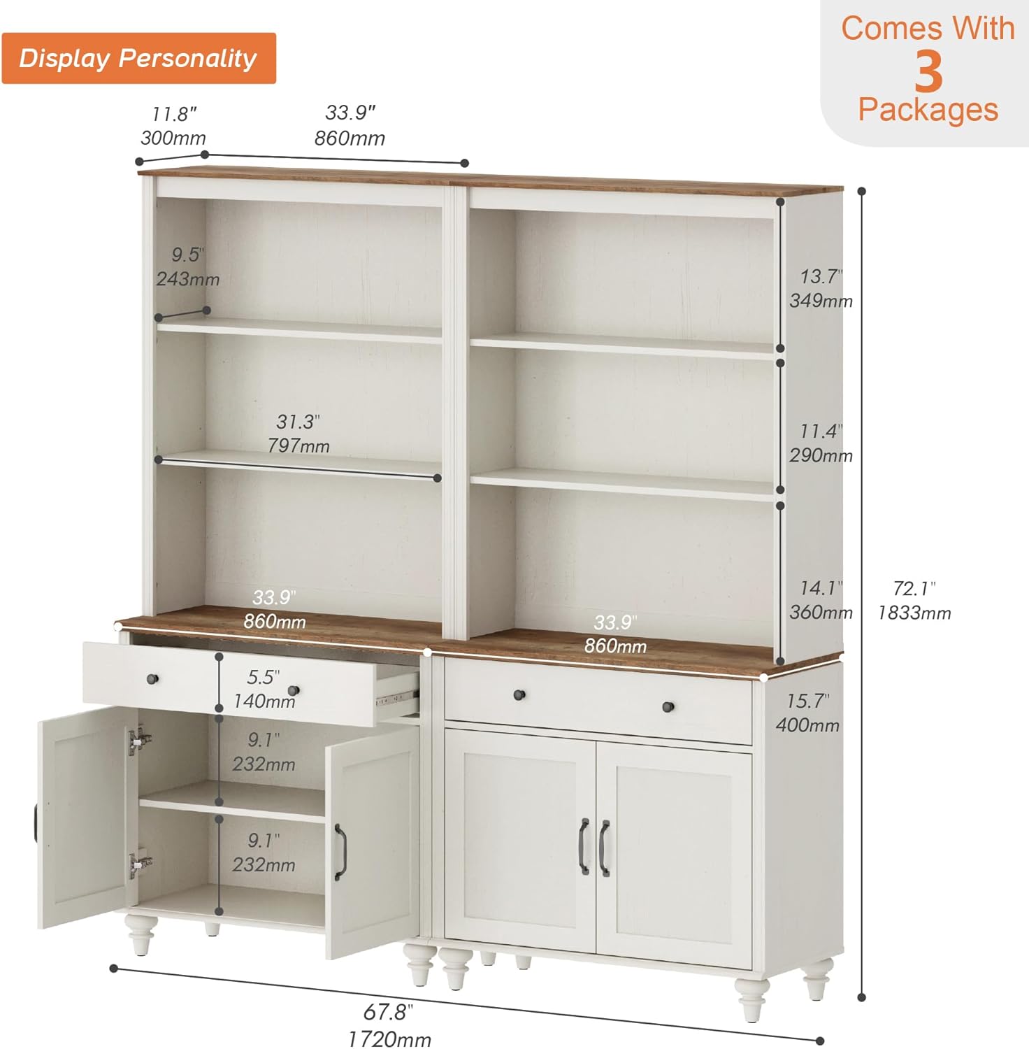 WAMPAT 5 Tier Farmhouse Bookcase 72" Tall Bookshelf with Barn Doors, Large Display Book Shelf with 2 Drawers and Storage Cabinet, Library Wood Bookshelves for Living Room,Kitchen, White (2PCS)